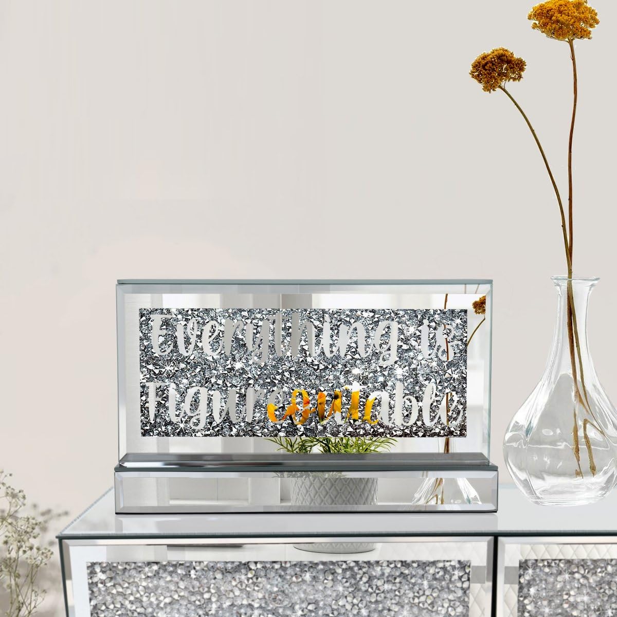 Silver Mirror Crystal Diamond Home Office Desk Art Decor, Daily Inspirational Office Supplies Sign and Reminder-Everything is Figureoutable & P.S. You Got This-9.1×5.1×3Inches