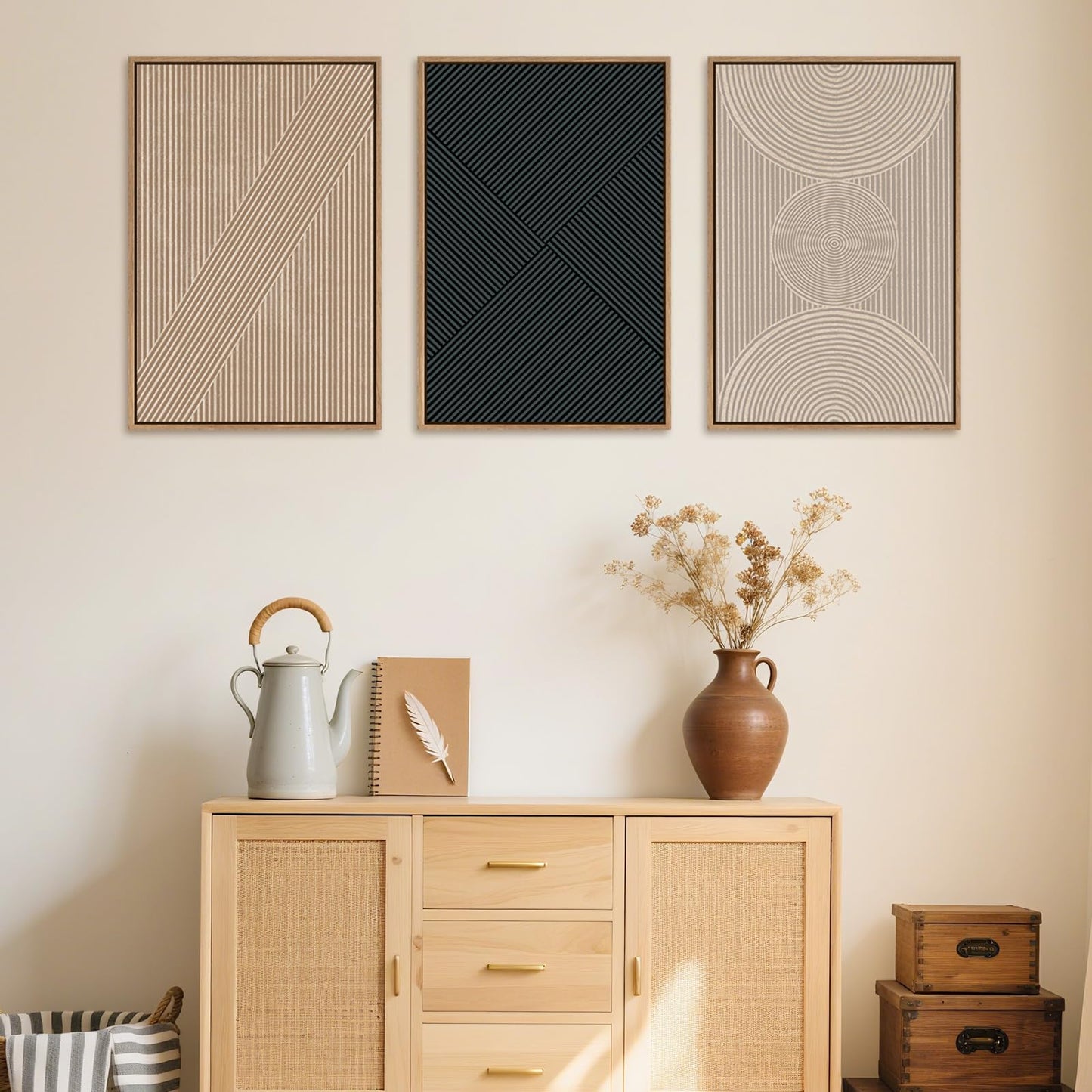 Ausril 3 Pcs Neutral Abstract Framed Wall Art, Mid Century Modern Canvas Wall Decor, Boho Geometric Line Wall Painting, Beige Minimalist Textured Art Print for Living Room Bedroom Office - 16x24inch