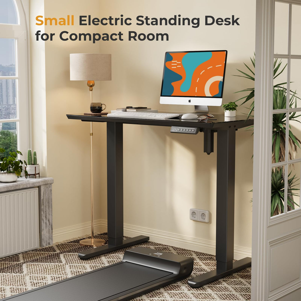 JOY worker Small Glass Standing Desk, 35" x 20" Electric Whole Piece Height Adjustable Desk with 4 Lockable Casters, Mobile White Sit to Stand Workstation for Home Office, Black