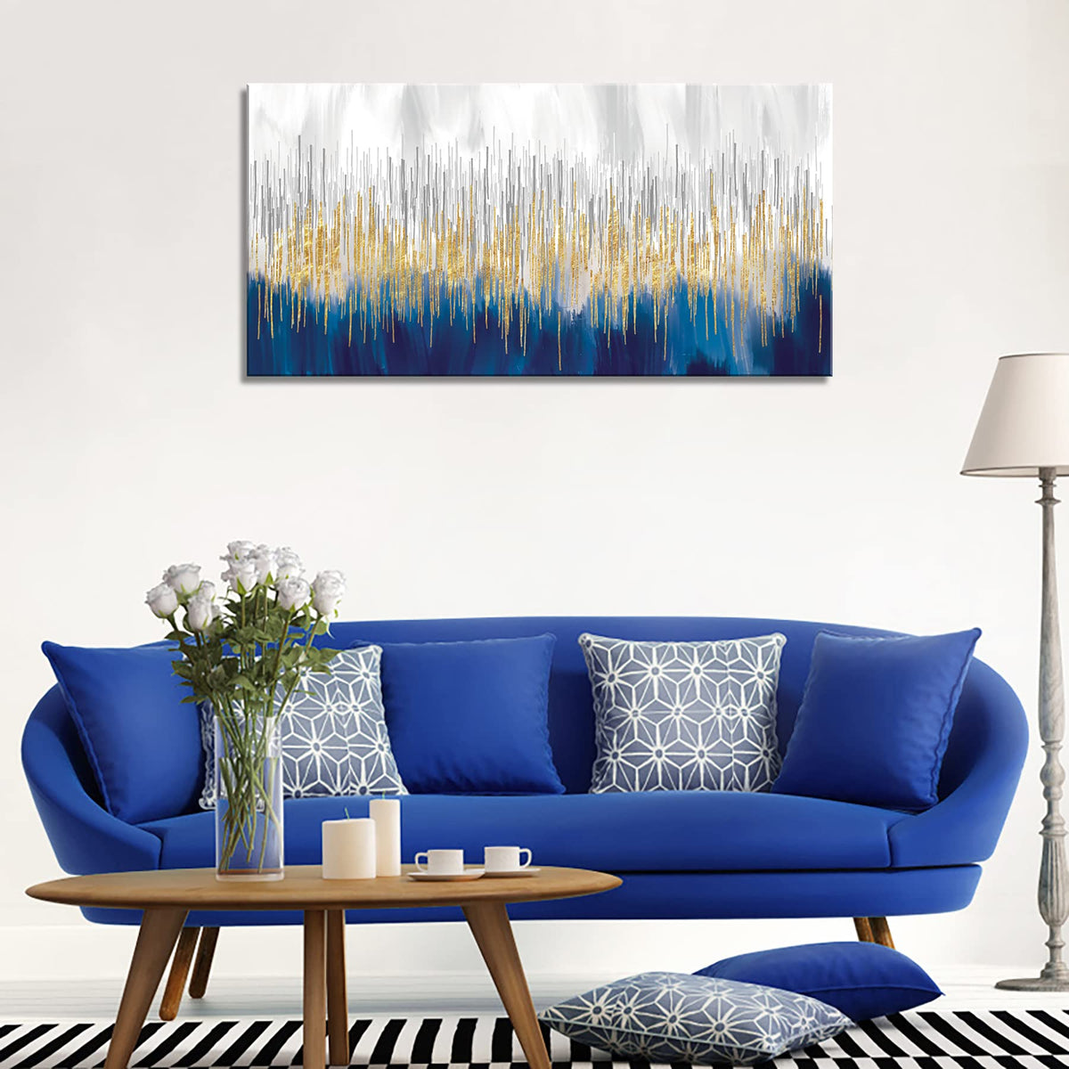 XXMWallArt FC3175 Abstract Wall Art Gold and Blue Canvas painting Artwork Painting Print for Living Room Bedroom Kitchen Home and Office Wall Decor