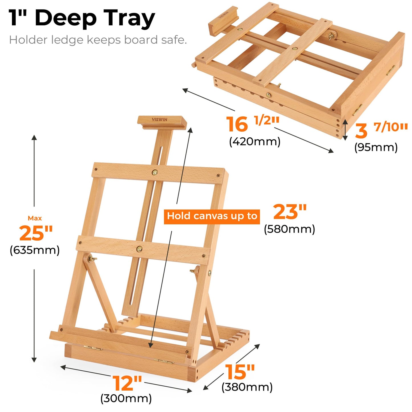 VISWIN Heavy-Duty Table Top Easel for Painting, Adjustable Beech Wood Tabletop Easel, Hold Canvas up to 23”, Portable Art Desktop Easel Stand for Adults, Artists, Beginners – Natural