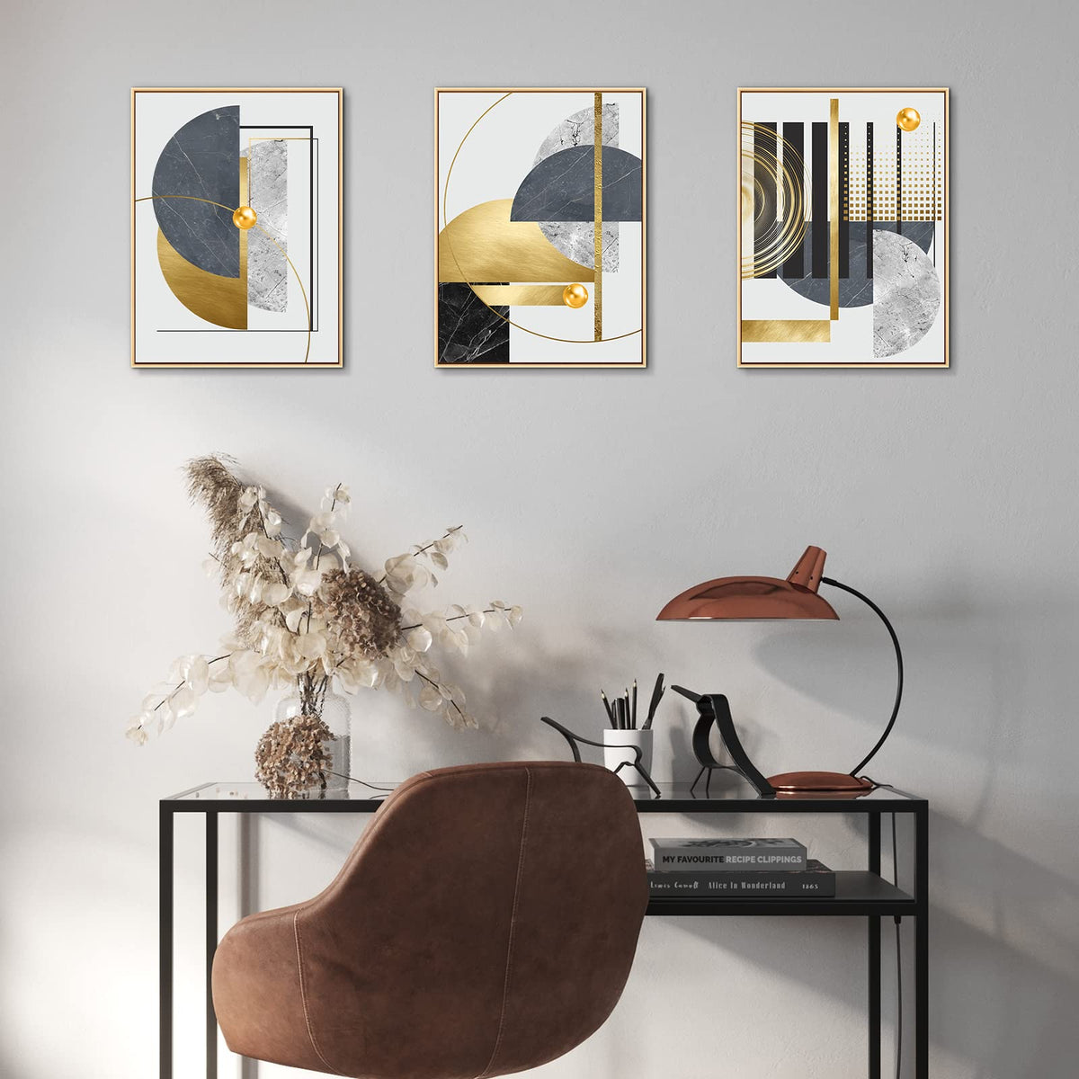 3Pcs Black Gold Canvas Wall Art Decor, Abstract Framed Painting Poster Print Nordic Luxury Geometric Artwork for Living Room, Marble Wall Painting for Bedroom Dining Room 12x16 in