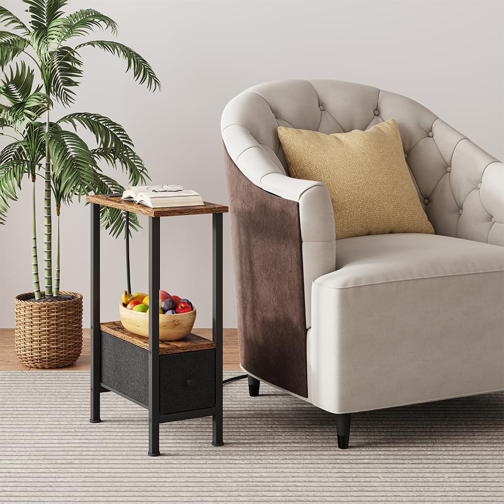 VIMBER Narrow Side Table for Small Spaces, Skinny End Table with Charging Station, Sofa Beside Table with 1 Drawer 1 Open Compartment, Slim Nightstand with USB Ports Outlet, Rustic and Brown