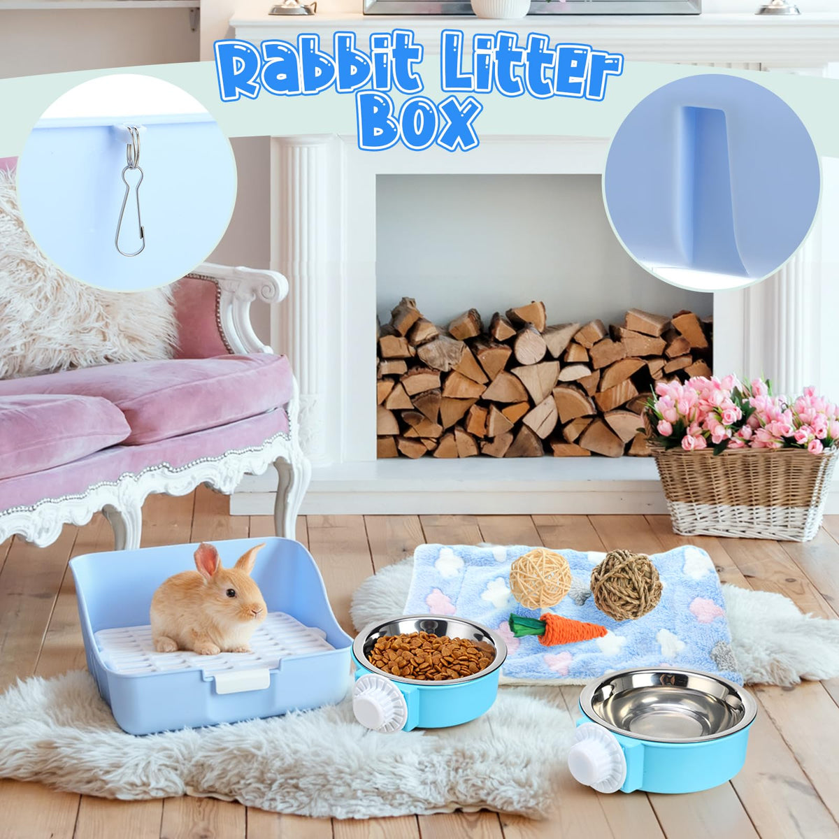 Reallnaive 15 Pcs Rabbit Starter Kit Small Rabbit Litter Box Girls Gift Animal Grooming Kit Bunny Toys Bowl Blankets with Cleaning Set for Guinea Pig Accessories(Candy Blue)