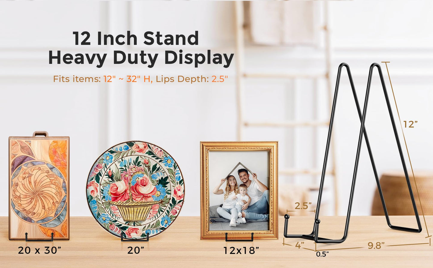 TR-LIFE 4 Pack 12 Inch Large Plate Stands/holder for Display - Metal Picture Frame Holder Stand + Easels for Platter, Book, Plaque, Photo, Table top Art