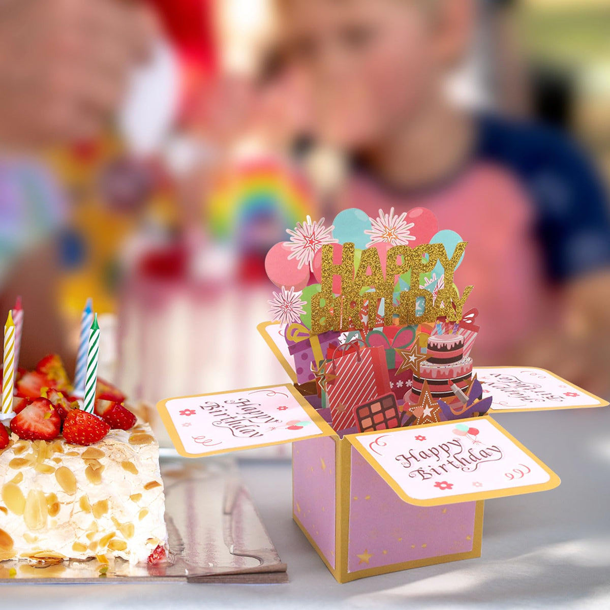 Fushing 3D Pop Up Birthday Card - Sweet Birthday Box Greeting Card Box with Blank Message Card & Envelope, Unique Handmade Scrapbook for Wife, Women, Men, Kids, Daughter, Son, Mom, Dad, Friend (Pink)