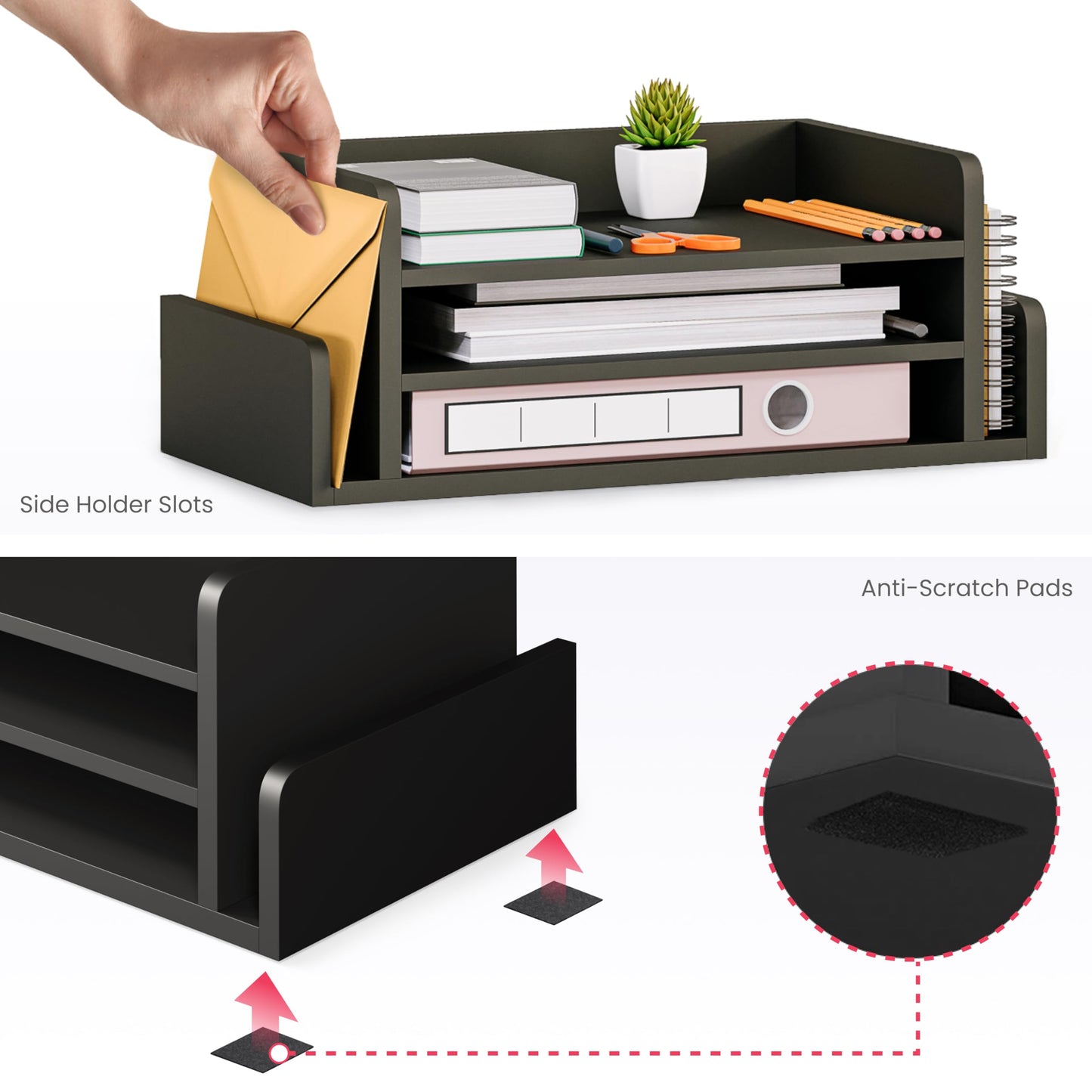 Ballucci 3-Tier Desk Organizer with 2 Side Mail Sorter Slots, Wood Letter Tray, Open Top Paper Organizer, Desktop File Organizer, Black