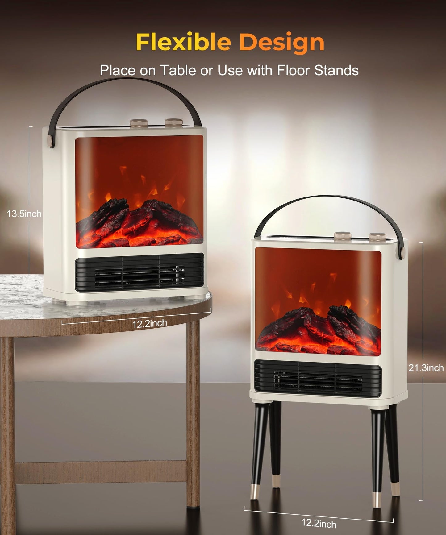 Fireplace Space Heater for Indoor Use, 1500W Freestanding Electric Heater with Realistic 3D LED Flame, 3 Modes, Overheating & Tip-Over Protection, Small Portable Heater for Bedroom Room Office, White