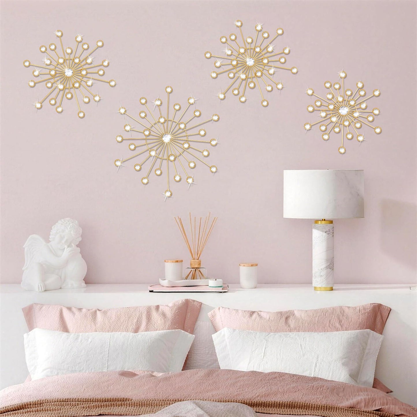 EVERJOYCRAFT 4pcs Sunburst Metal Wall Art Decor Bling Crystal Wall Decorations Starburst Home Decor Modern Accent Sculptures Hanging Pendants for Living Room Bedroom Entryway Office (Gold)