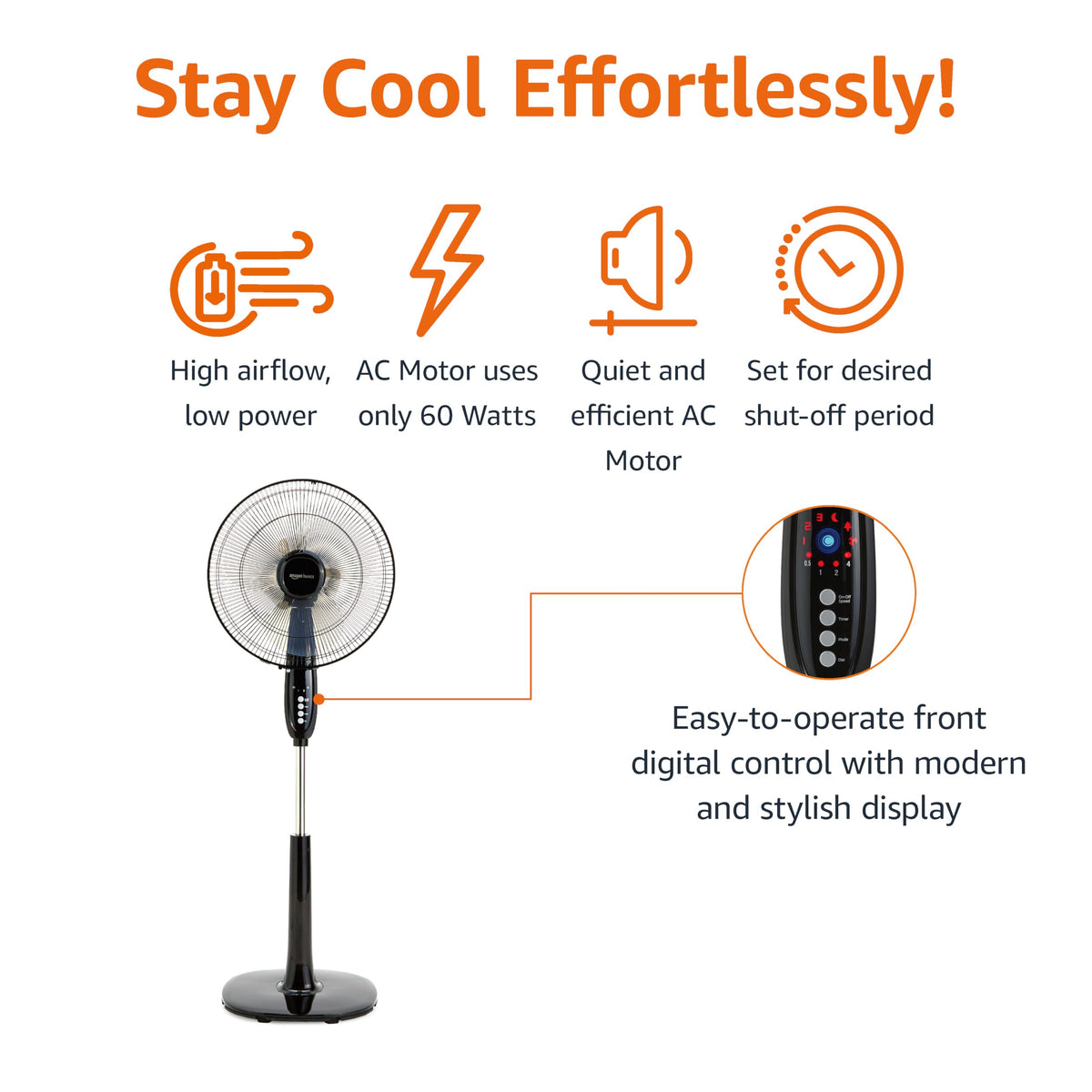 Amazon Basics 16" Pedestal Fan with Remote for Bedroom, Living Room, Office, Adjustable Height, Dual-Layered Blades, 3 Speeds, 3 Modes, Timer, Tilt Head, 60W, Black