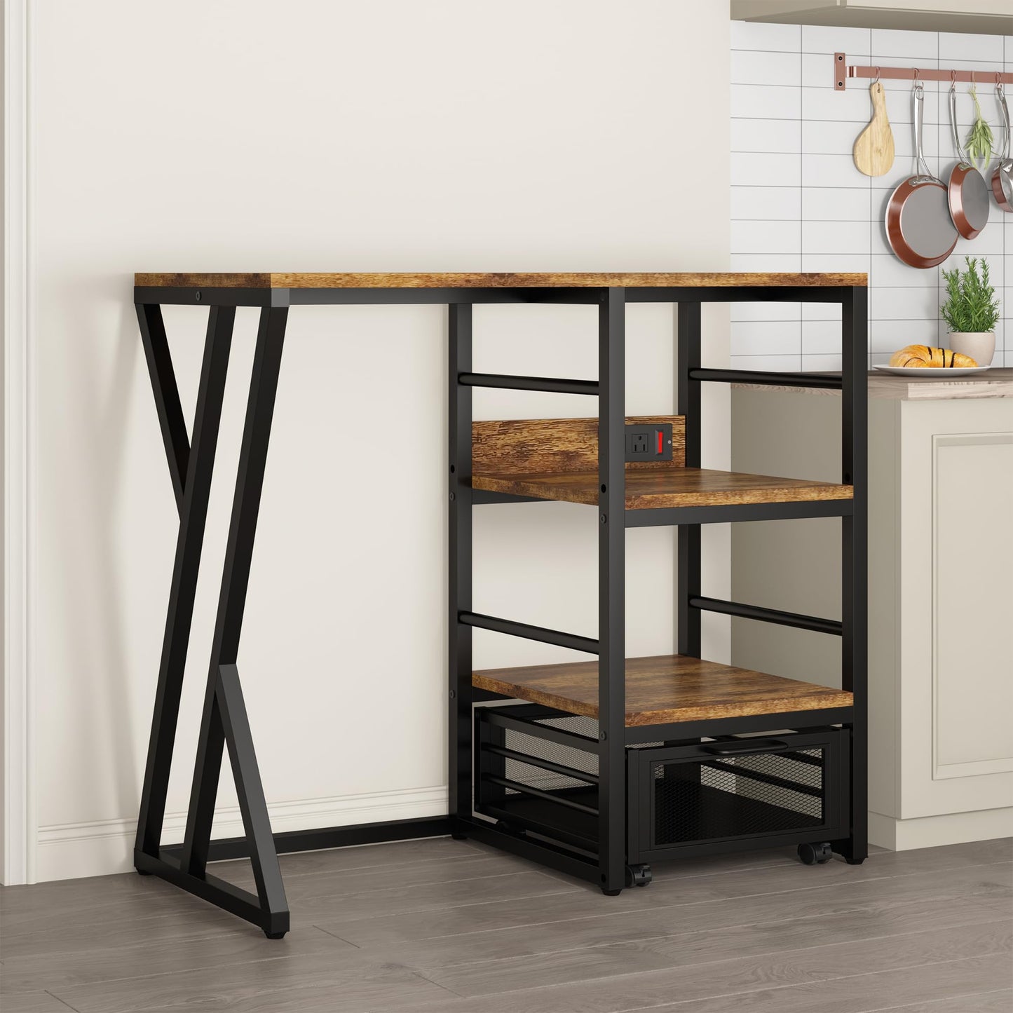 Beverage & Wine Fridge Stand with Movable Basket, Coffee Bar Cabinet with Mini Fridge Space and Power Outlet, Kitchen Storage Organizer with Worktop, Microwave Oven Stand Rack for Home, Dorm, Office