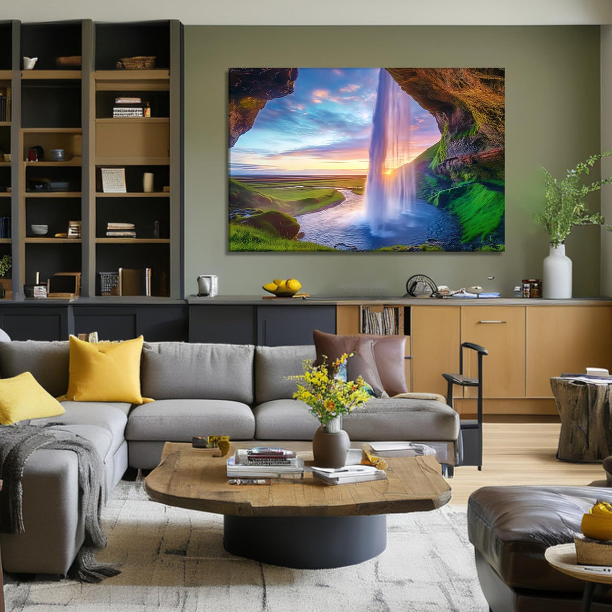 Landscape Canvas Wall Art Waterfall Pool at Sunset Picture Nature Scenery Painting Rustic Landscape Prints for Living Room Bedroom Bathroom Home Office Decor Framed(Nature-7,12.00"x18.00")