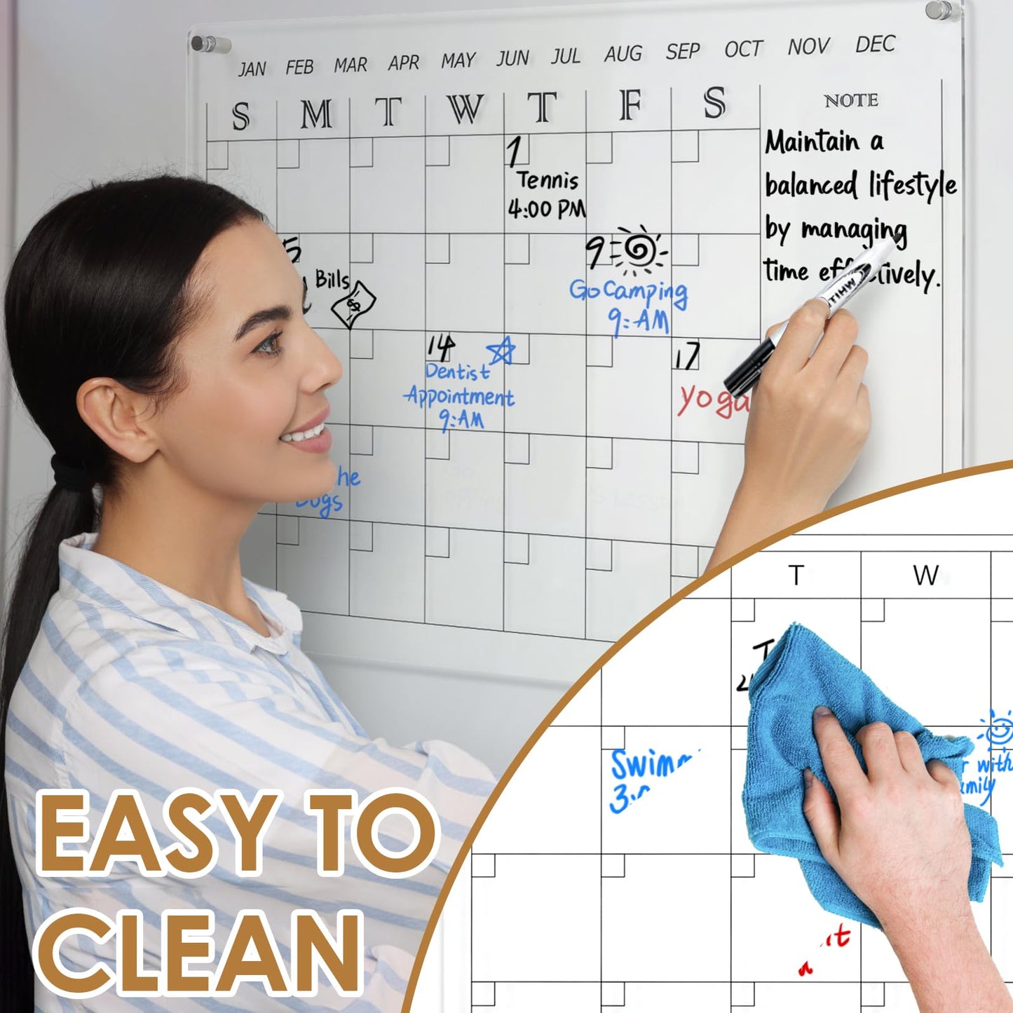 MAKELLO Acrylic Calendar for Wall 24" x 18", Clear Dry Erase Calendar for Office, School, Home, Bedroom, 4 Pens, Pen Holder, Wall-Mount Screws