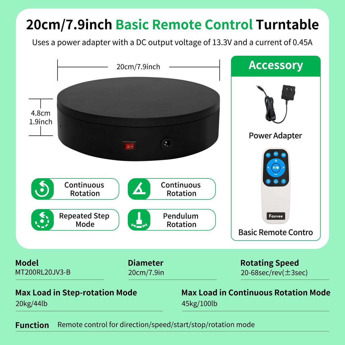 Foxvee Remote-Controlled Motorized Turntable,Motorized Rotating Display Stand,Speed-Adjustable Rotating Platform,Multi-Mode 360° Photography Turntable for 3D Scan,Photography,Showcase(7.87inch/Black)