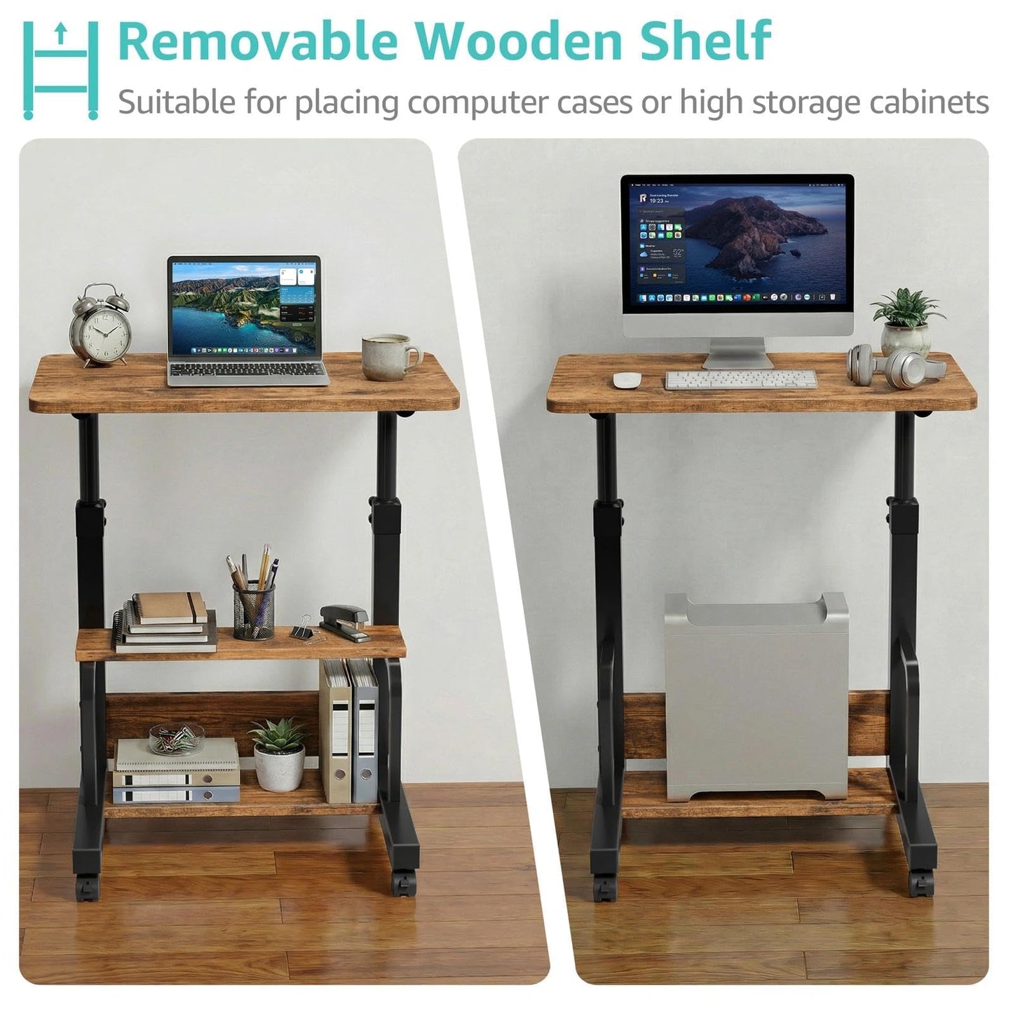 WINAZ C Shaped Rolling Laptop Desk - 24" Rustic Brown Mobile Kids Desk with Wheels for Small Spaces, Height Adjustable Overbed Table with 2-Tier Storage Shelves
