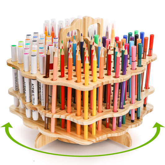 Peohud Wooden Pen Holder, 124 Slots Rotating Pencil Display Stand, Portable Paint Brush Organizer for Colored Pencils, Watercolor Brushes, Art Brushes, Office, Desktop