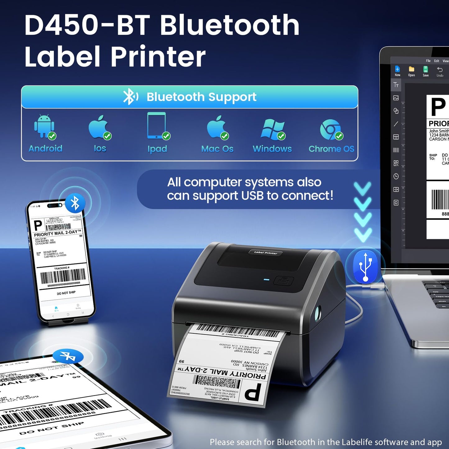 Omezizy Bluetooth Shipping Label Printer 4x6, D450BT Thermal Label Printer for Shipping Packages, Thermal Printers for Small Business, Compatible with Android, iPhone, Windows, macOS, Tiktok, UPS
