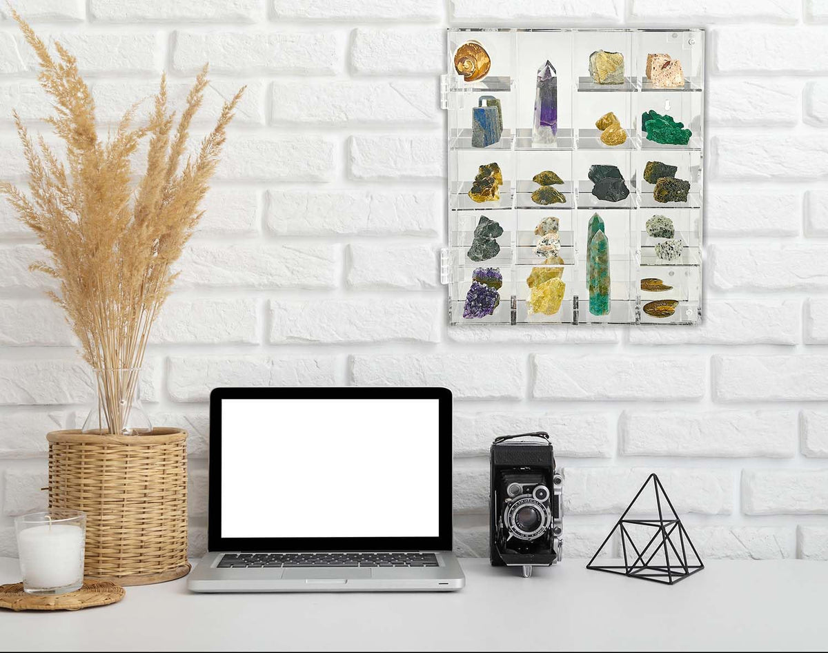 Acrylic Display Case Adjustable Clear Rock Display Case Shadow Box with Shelves Storage Organizer for Mini Pop Figure, Collectibles, Mineral Crystal, Stones, Wall Mountable, with Mirrored & Lid