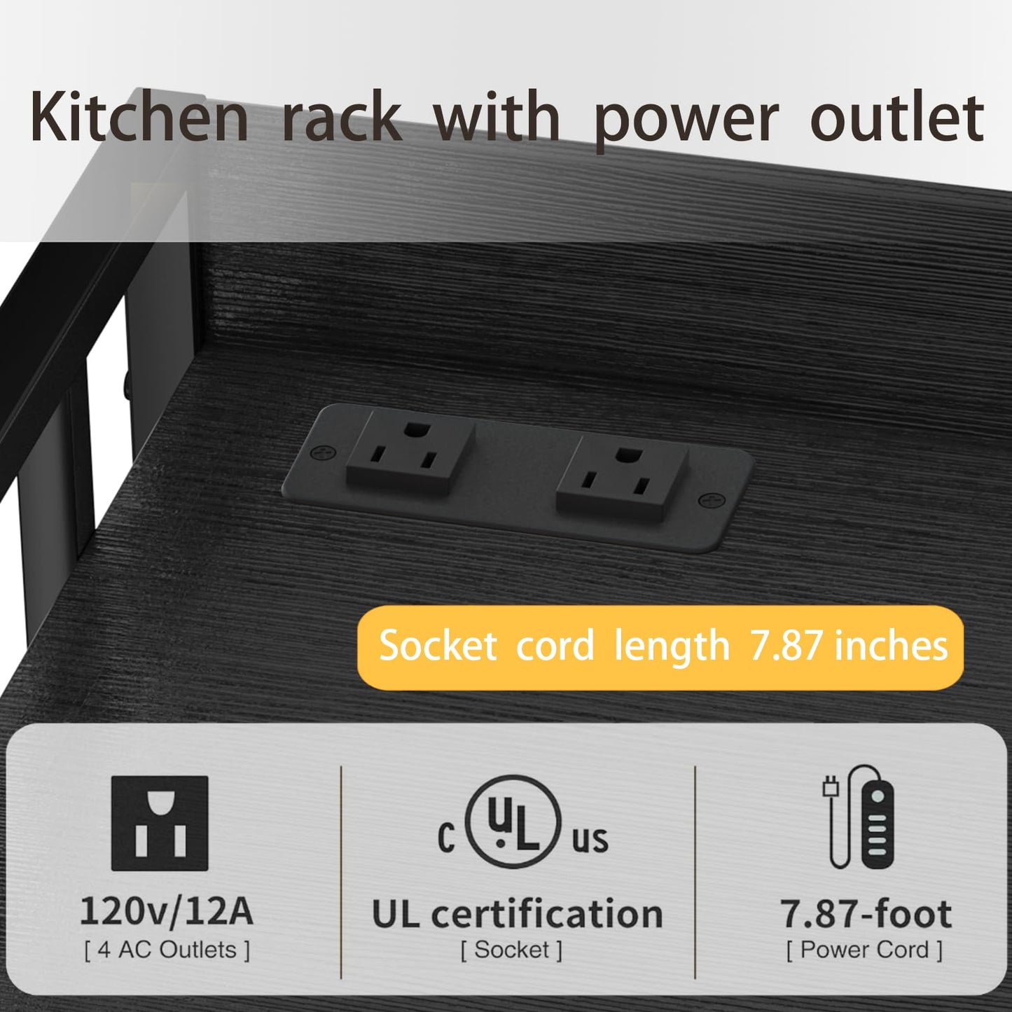TIFFLOI Adjustable Bakers Rack with Power Outlet, 4 Tier Microwave Oven Stand, Heavy Duty Kitchen Storage Rack for Garage Dining Room, Black