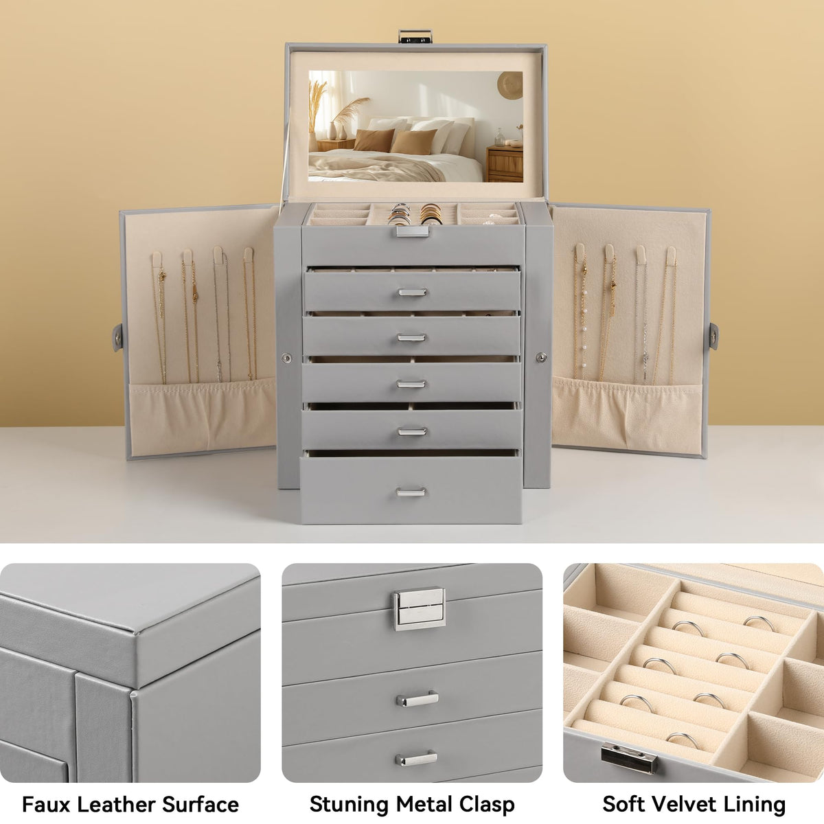 Frebeauty Large Jewelry Box,6-Tier PU Leather Jewelry Organizer,Multi-functional Storage Case with Mirror,Accessories Holder with 5 Drawers for Necklace Bracelets Watches(Grey)