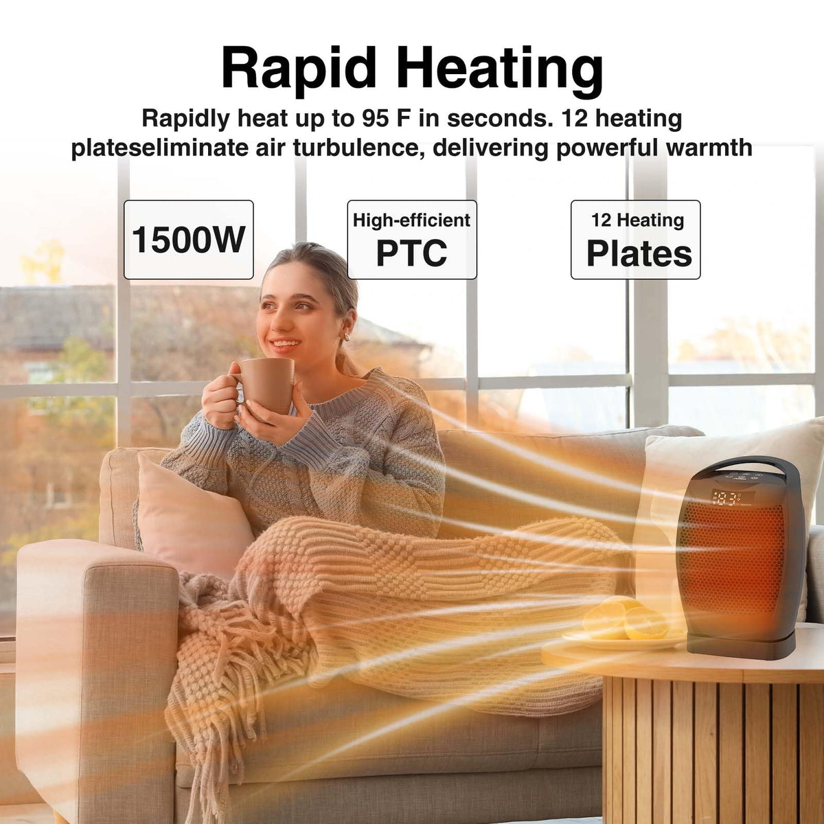 Portable Electric Heaters for Indoor Use - JNDRO 1500W PTC Ceramic Space Heater with Thermostat and Remote, Overheat and Tip-Over Protection, 70°Oscillation, Quick Heating for Home, Office, Bedroom
