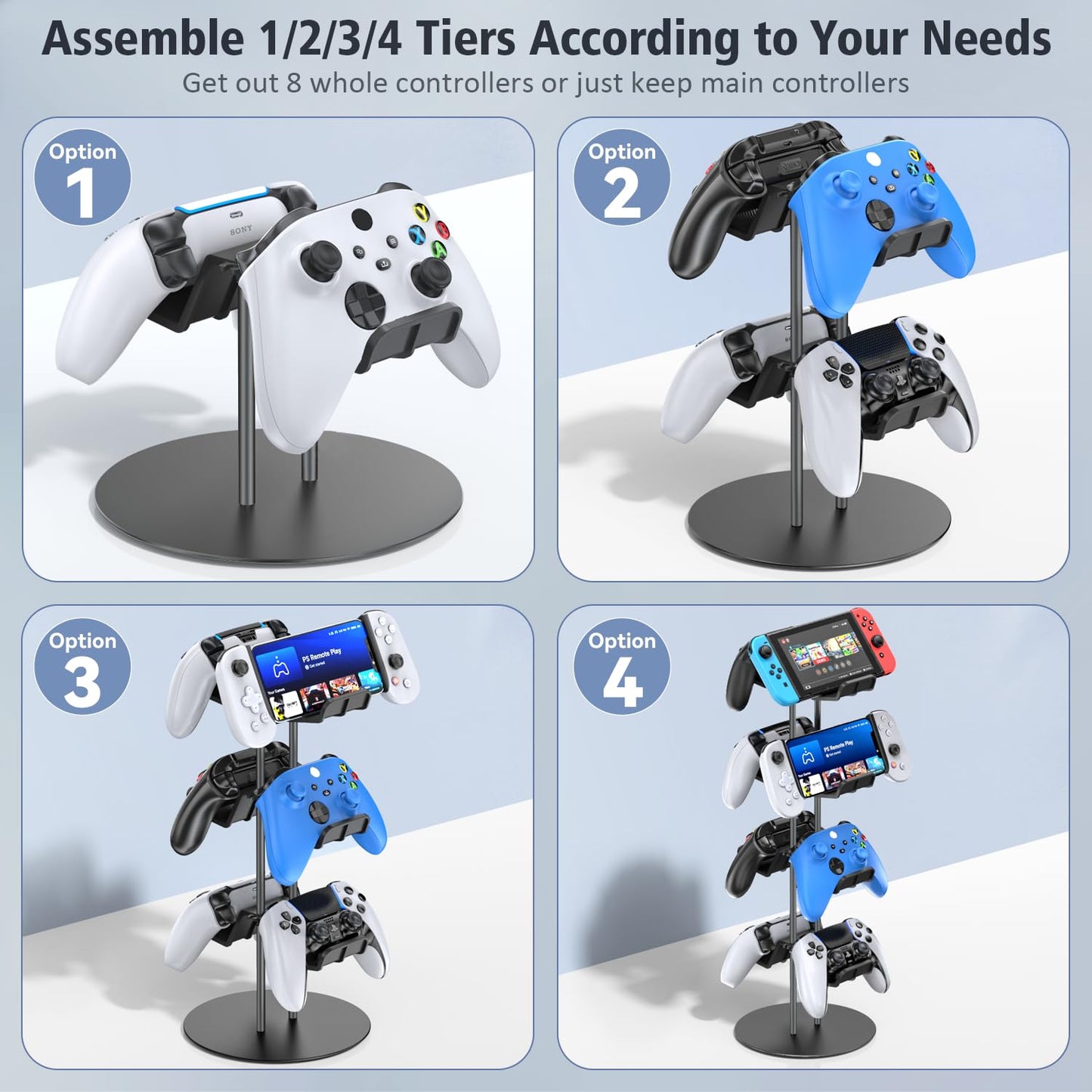 Kytok Controller Stand 4 Tiers with Cable Organizer for Desk, Universal Headphone Stand Compatible with Xbox PS5 PS4 Console Nintendo Switch, Headset Holder & Desk Mounts for 8 Packs Controller