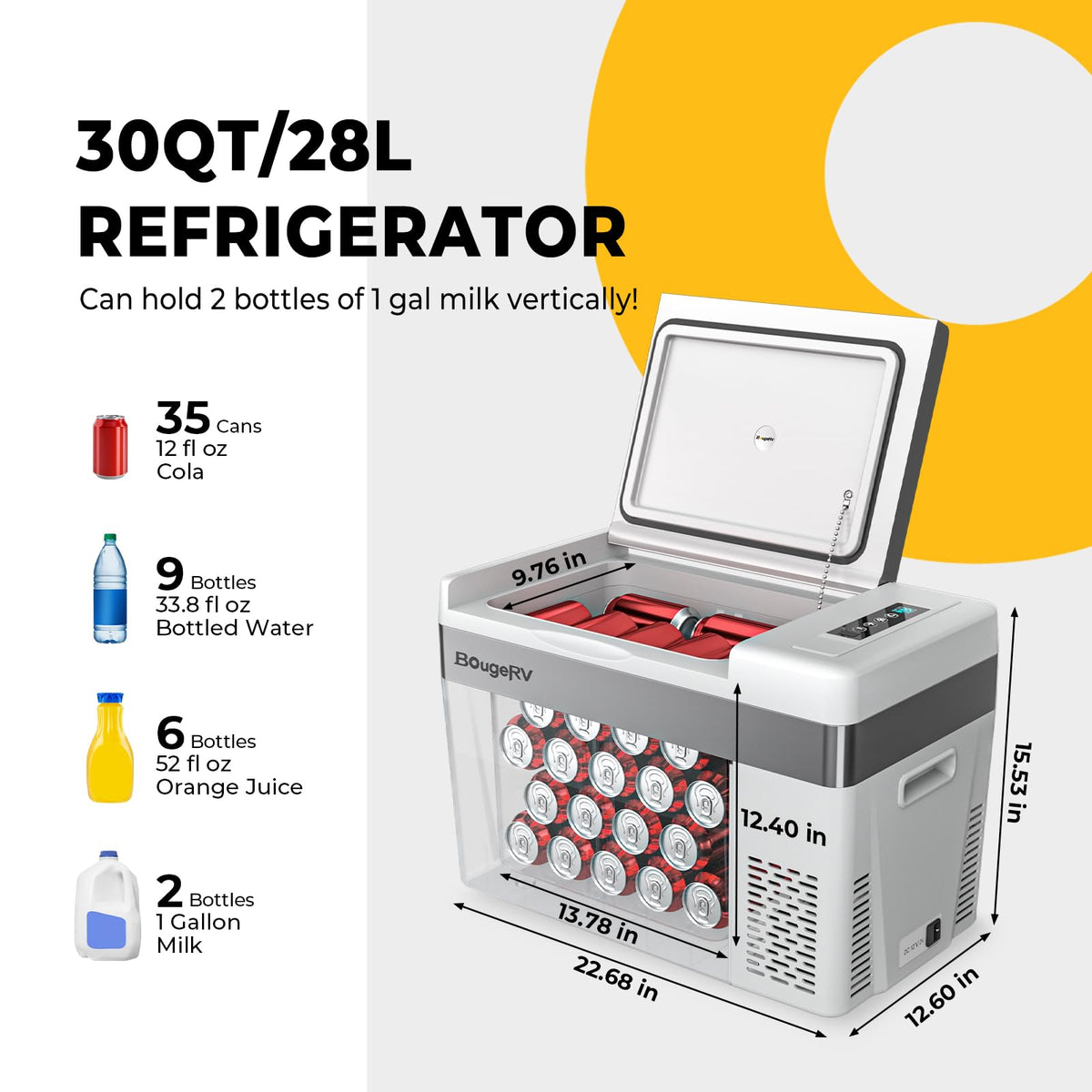BougeRV 12 Volt Refrigerator 12V Car Fridge 30 Quart Portable Freezer Compressor Cooler -8℉~50℉ Compressor Freezer, 12/24V DC 110~240 Volt AC, for Truck RV SUV