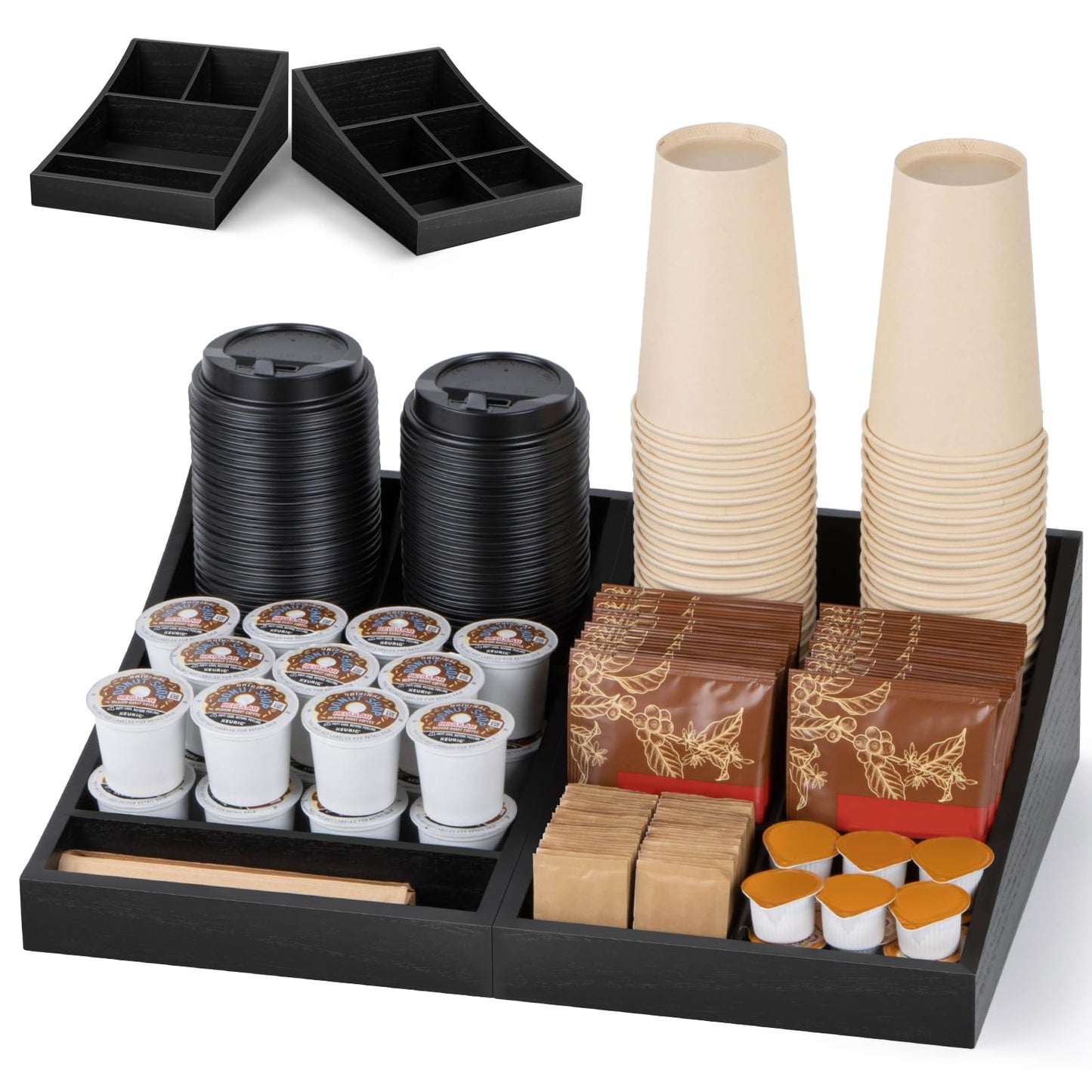 ANBOXIT Coffee Station Organizer for Countertop, Condiment Service Organizer, Coffee Bar Supplies Caddy for Home, Office and Breakroom - Wooden, Black, 9 Compartment, Two-in-One