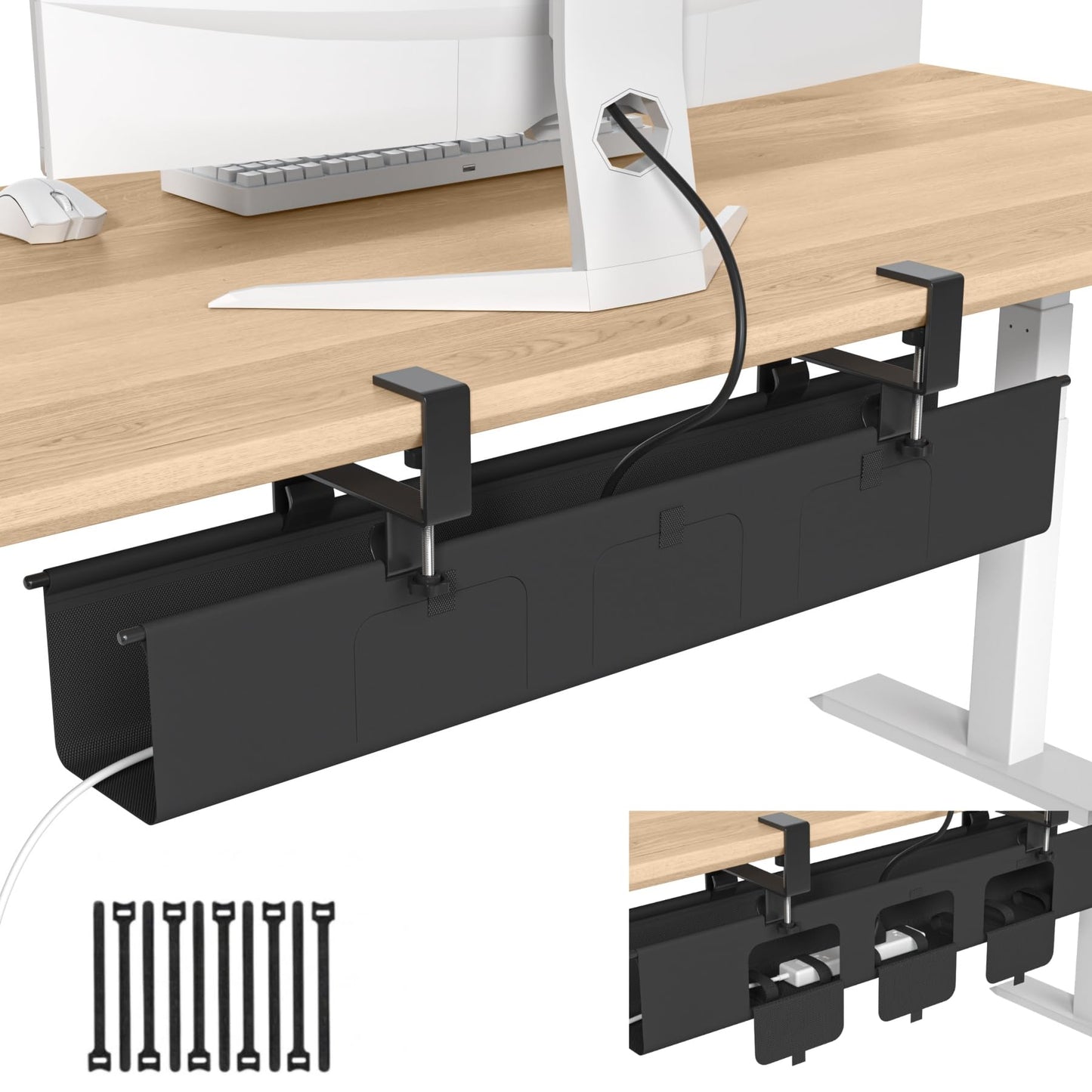 Nyoria Under Desk Cable Management Tray, 36” Fabric No Drill Clamp Mount Cord Organizer for Desk, Heavy Duty Wire Management for Office Home, Black