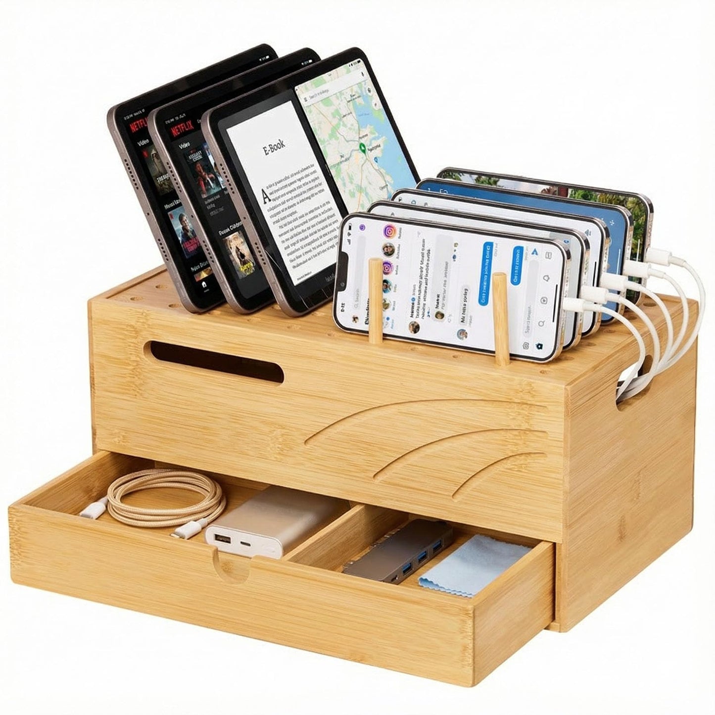Homde Bamboo Charging Station Organizer: 2 Layer Charger Holder with Drawer for Office Home - Electronic Docking Stand for Multiple Devices, Tablets, Phones