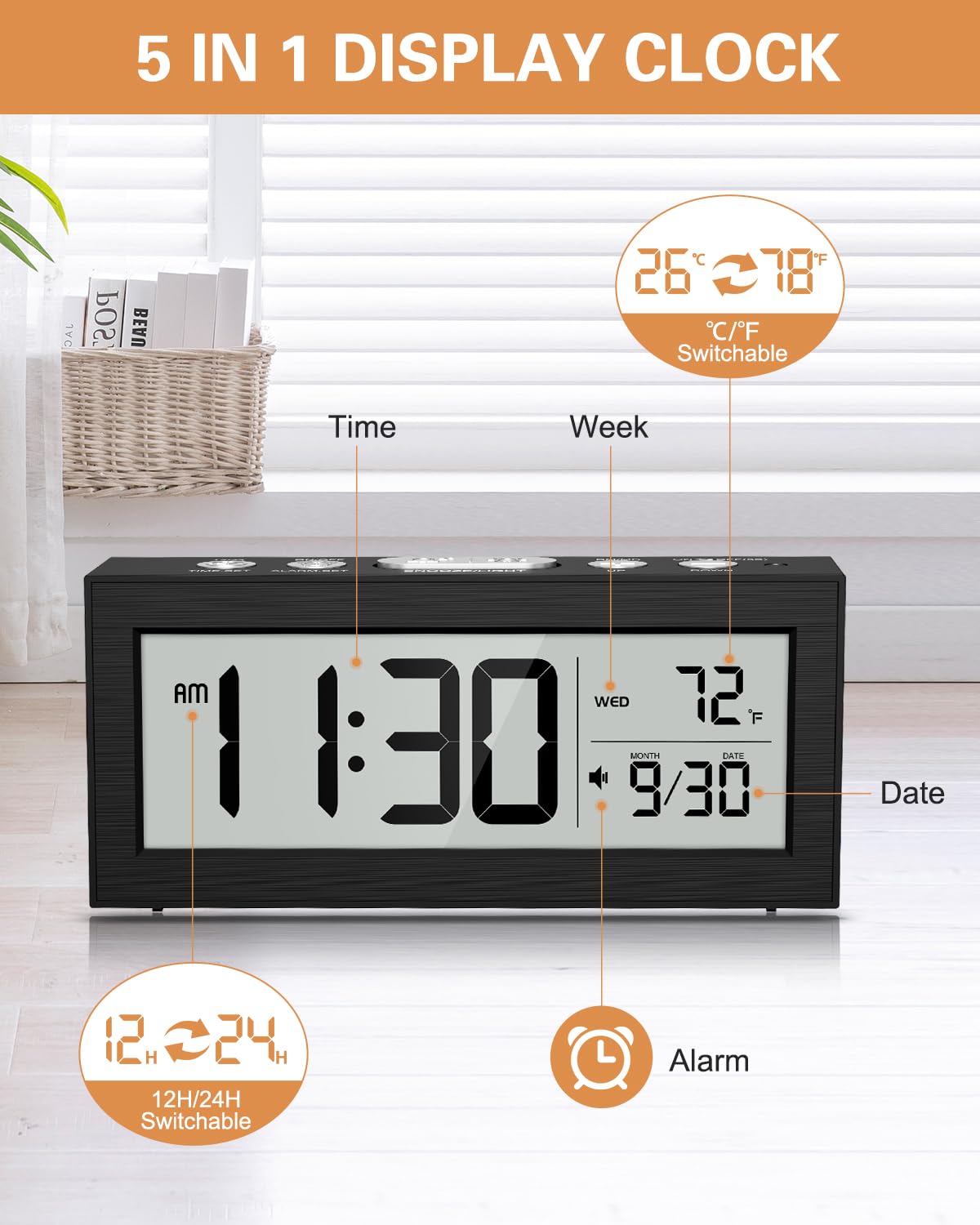 Bomivoi Battery Powered Digital Clock, LCD Digital Clock with Date & Temp Display, 5 Alarm Schedule, Snooze, 12/24 H, Auto Dimming, 5s Backlight, Small Alarm Clocks for Bedroom, Office, Travel