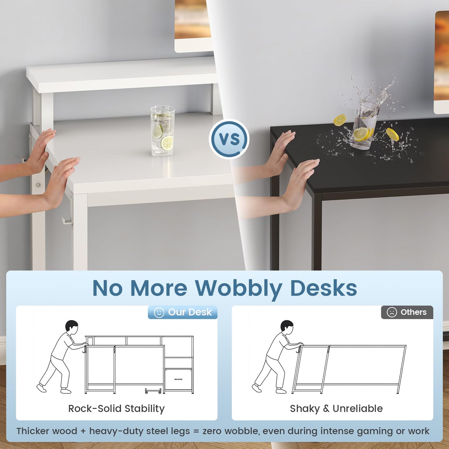 SEDETA 66" L Shaped Desk with Power Outlet, Reversible Home Office Computer Desk with File Drawer & Monitor Shelf, Storage Shelves, LED Lights for Corner Small Spaces, White