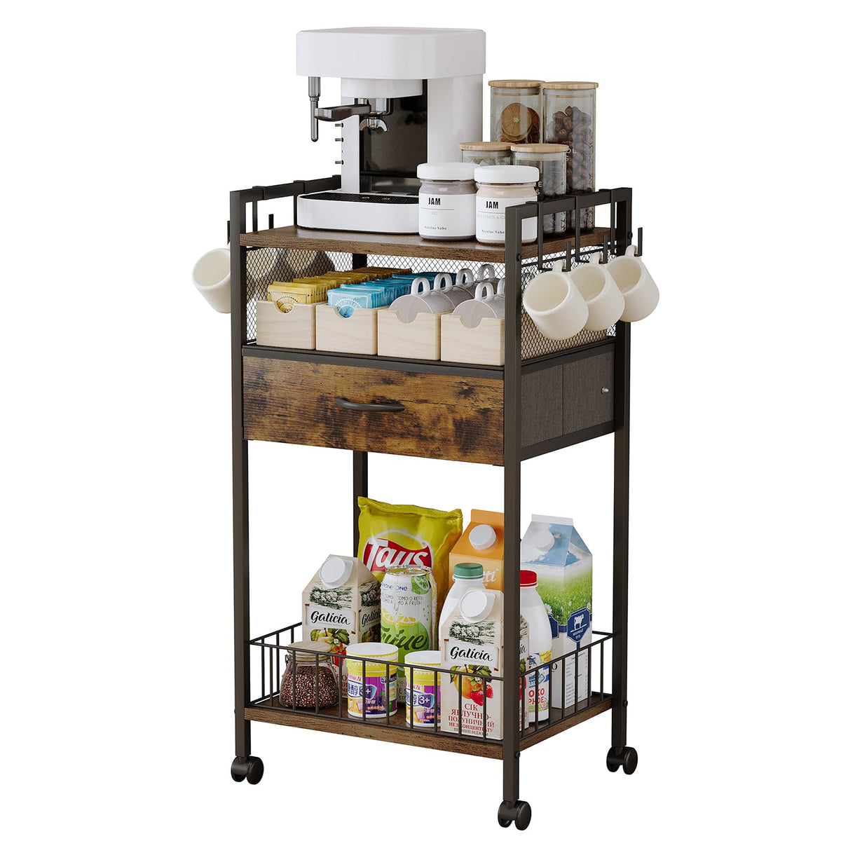 Dsmadn Small Coffee Bar Cart with Drawer Srorage, Office Coffee Bar Station Organizer Mug Cup Holder Stand, K Cup Holder Rack for Home Buffets & Sideboards for Kichen, Entryway, Living Room (Black)