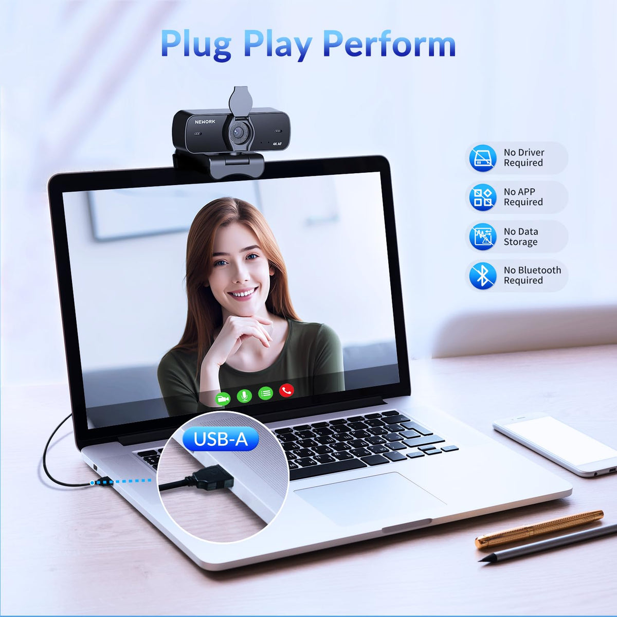 NEWORK 4K Webcam for PC with 2 Noise-Cancelling Microphones, Stable Auto Focus, Plug&Play Computer Camera for Online Teaching, Meetings, and Remote Communication (with Tripod)