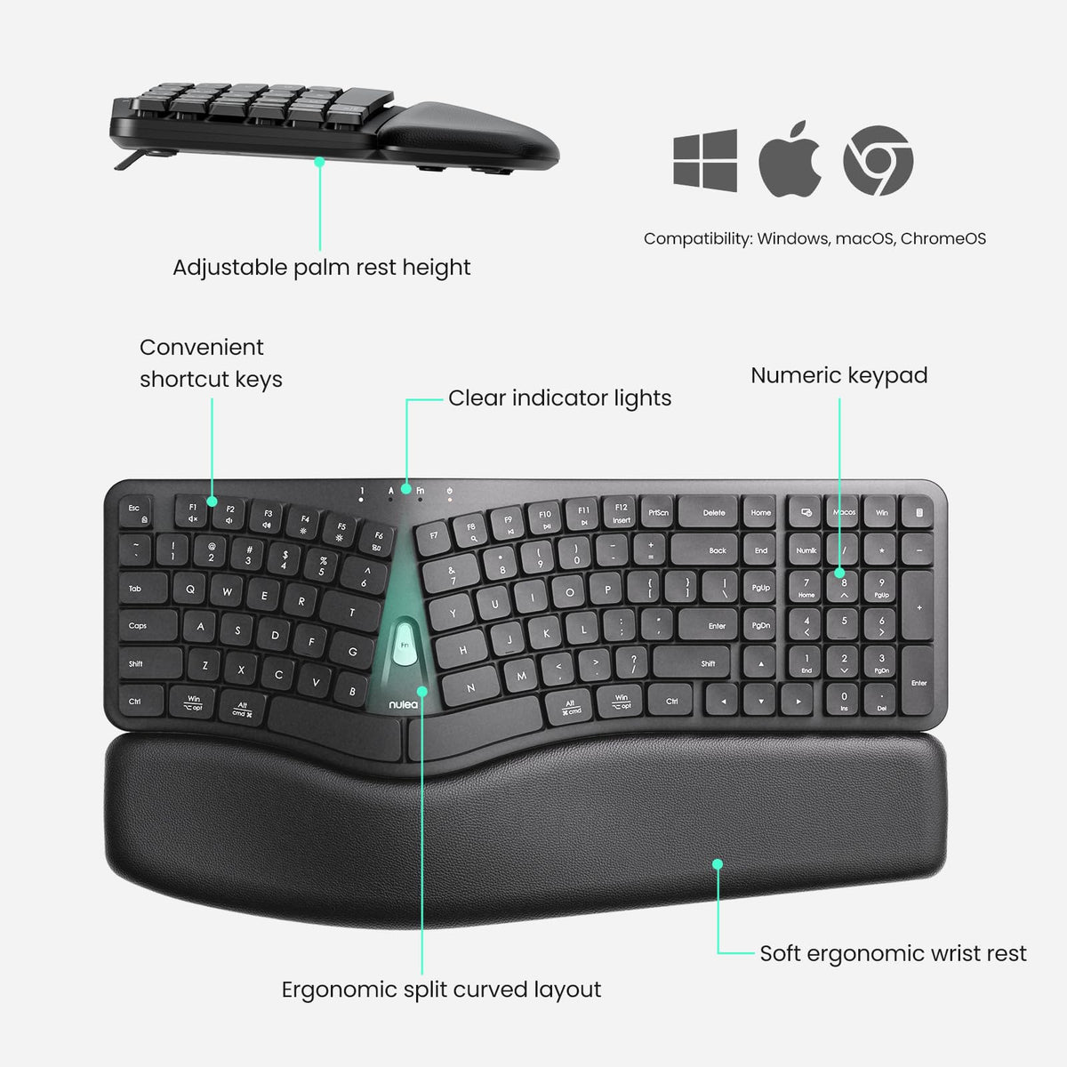 Nulea Ergonomic Split Keyboard, Wired Natural Typing Keyboard with Integrated Palm Rest for Wrist Pain Relief, 2-in-1 Type C&Type A Plug for Mac,Windows,Office & Home,Black