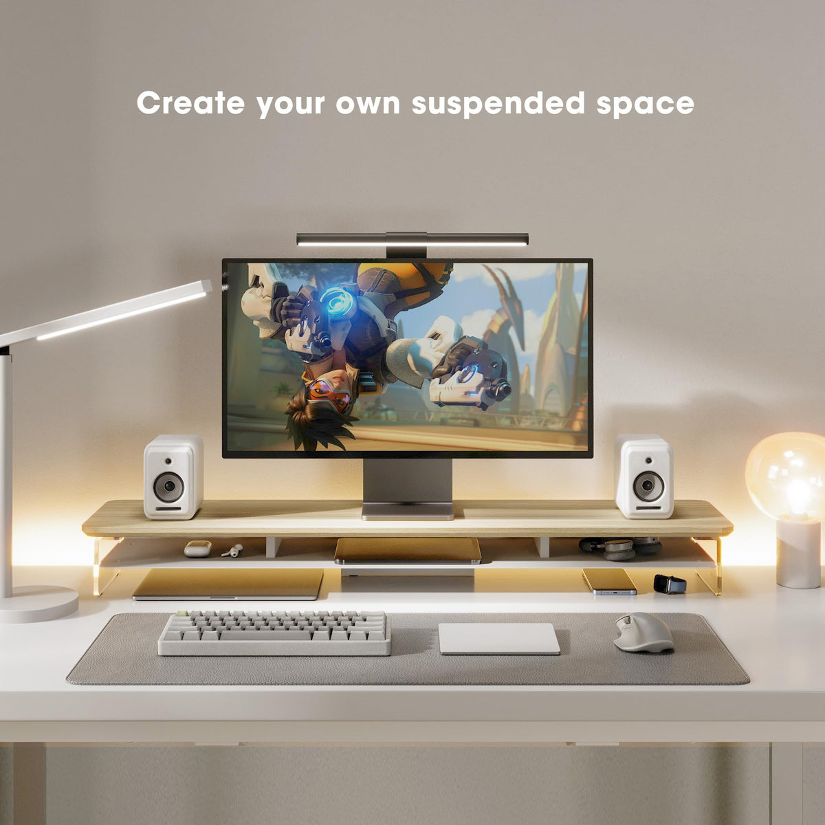 Fenge Acrylic Monitor Stand Riser, 42.5 Inches Dual Monitor Stand with Metal Storage, 2 Tier Acrylic Computer Riser for Desk, Clear Laptop Stand for PC, Laptop, Printer, TV, Oak