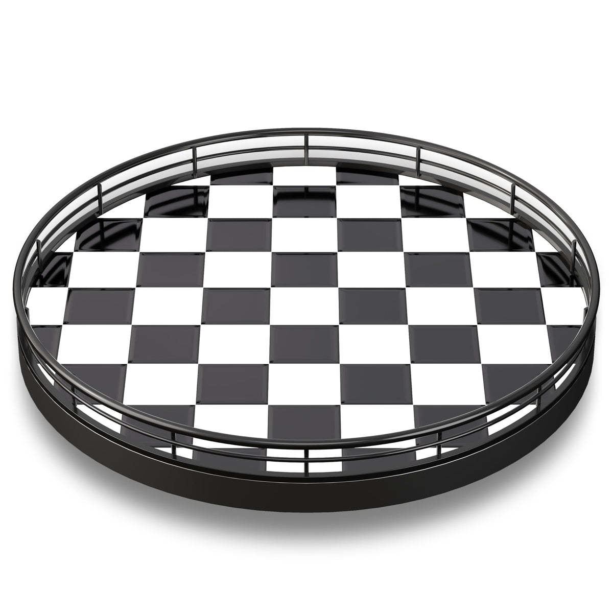 10.2-Inch Black & White Checkerboard Lazy Susan Organizer – Rotating Serving Tray with Oak Base, Iron Frame, & Ceramic Tile –Perfect for Dining Table, Kitchen Cabinet, Bathroom Countertop, Home Décor
