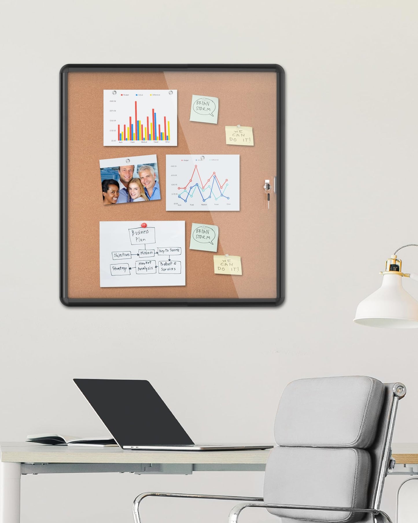 Mifuro 28"x26" Enclosed Bulletin Board, Lockable Weather-Resistant Aluminum Cork Noticeboard for School & Office, Black Frame w/Cork