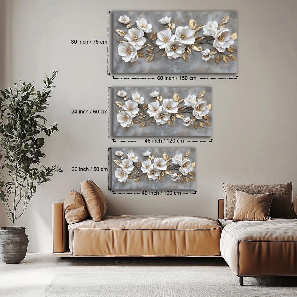 LAVIKARS Modern Gray Flowers Wall Art for Living Room Office White and Golden Floral Landscape Canvas Painting Prints Large Delicate Petals Artwork Kitchen Home Bedroom Decor (16x30 Inches)