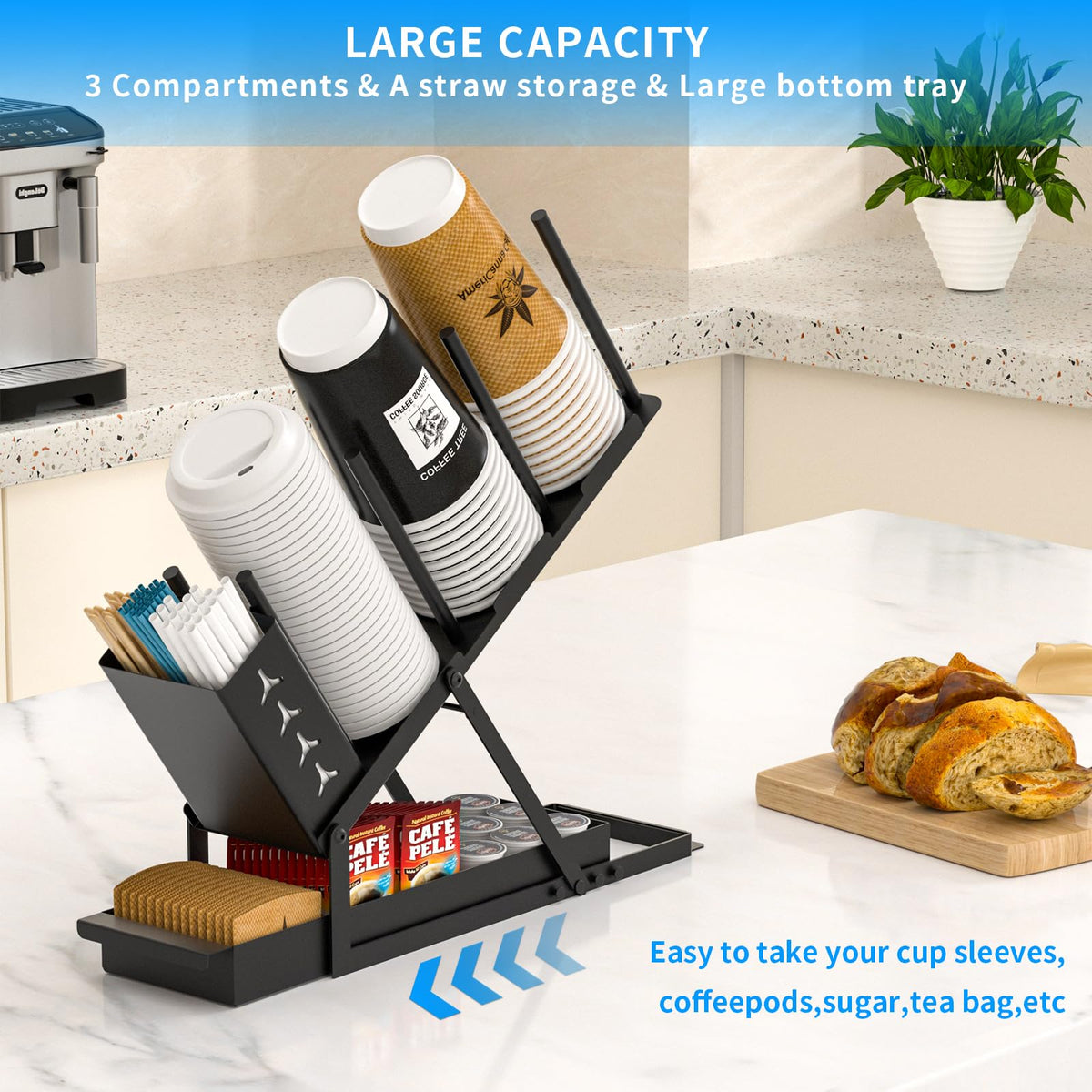 RCHYFEED Cup and Lid Holder with Straw Holder, Metal Cup Holder for Countertop, 5 Compartment Coffee Station Organizer Cup Holder for Coffee Bar Accessories, Disposable Cup Lid Organizer
