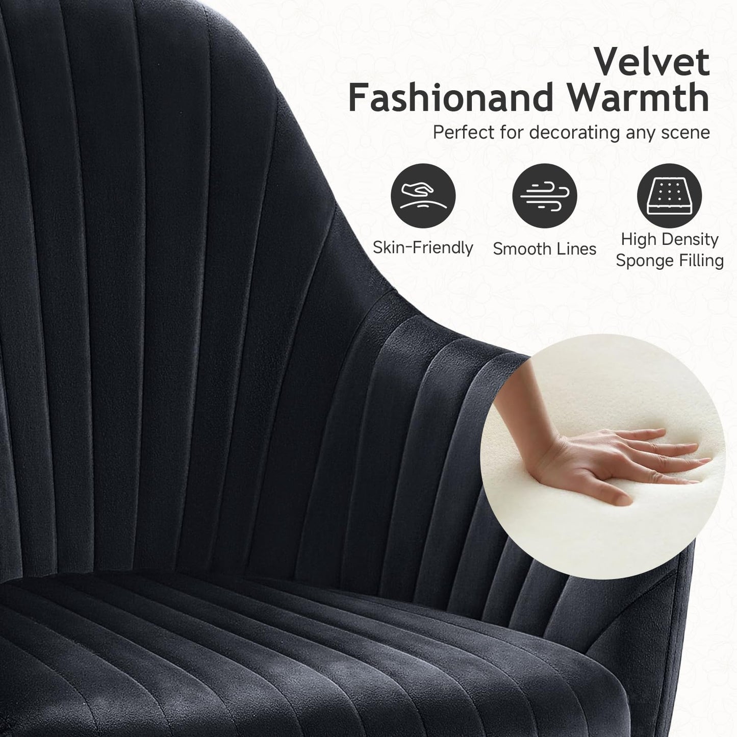 Warmiehomy Velvet Desk Chair for Home Office, Modern Adjustable Swivel Task Chair, Women Vanity Chairs with Arm Rest for Bedroom Dressing Room, Classic Black