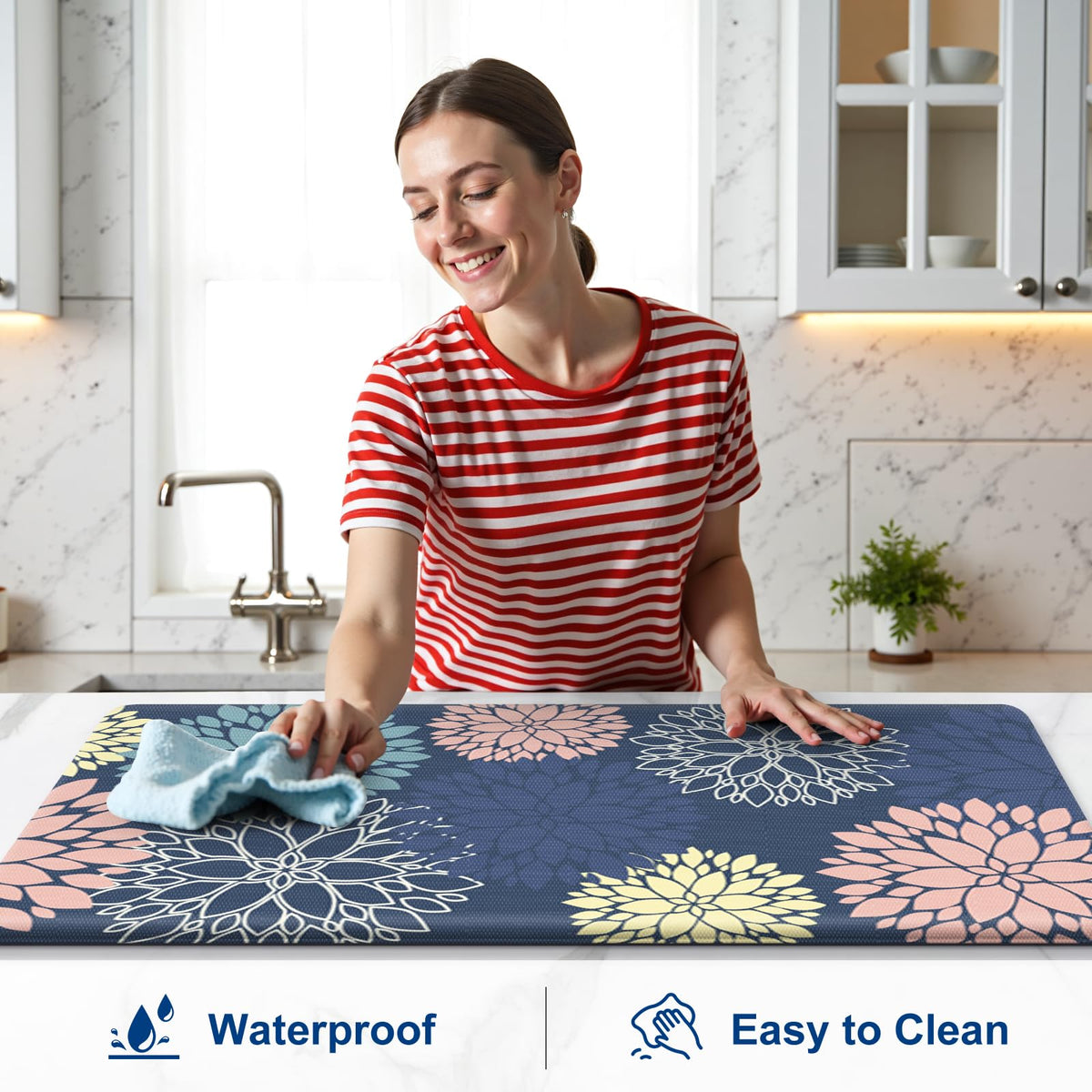 Anti-Fatigue Kitchen Mats Set 2 Piece, StepLively Blue Cushioned Foam Non-Slip Waterproof Standing Mats, Oeko-TEX Certified for Sink, Stove, Office & Laundry (17.3"x30"+17.3"x47")