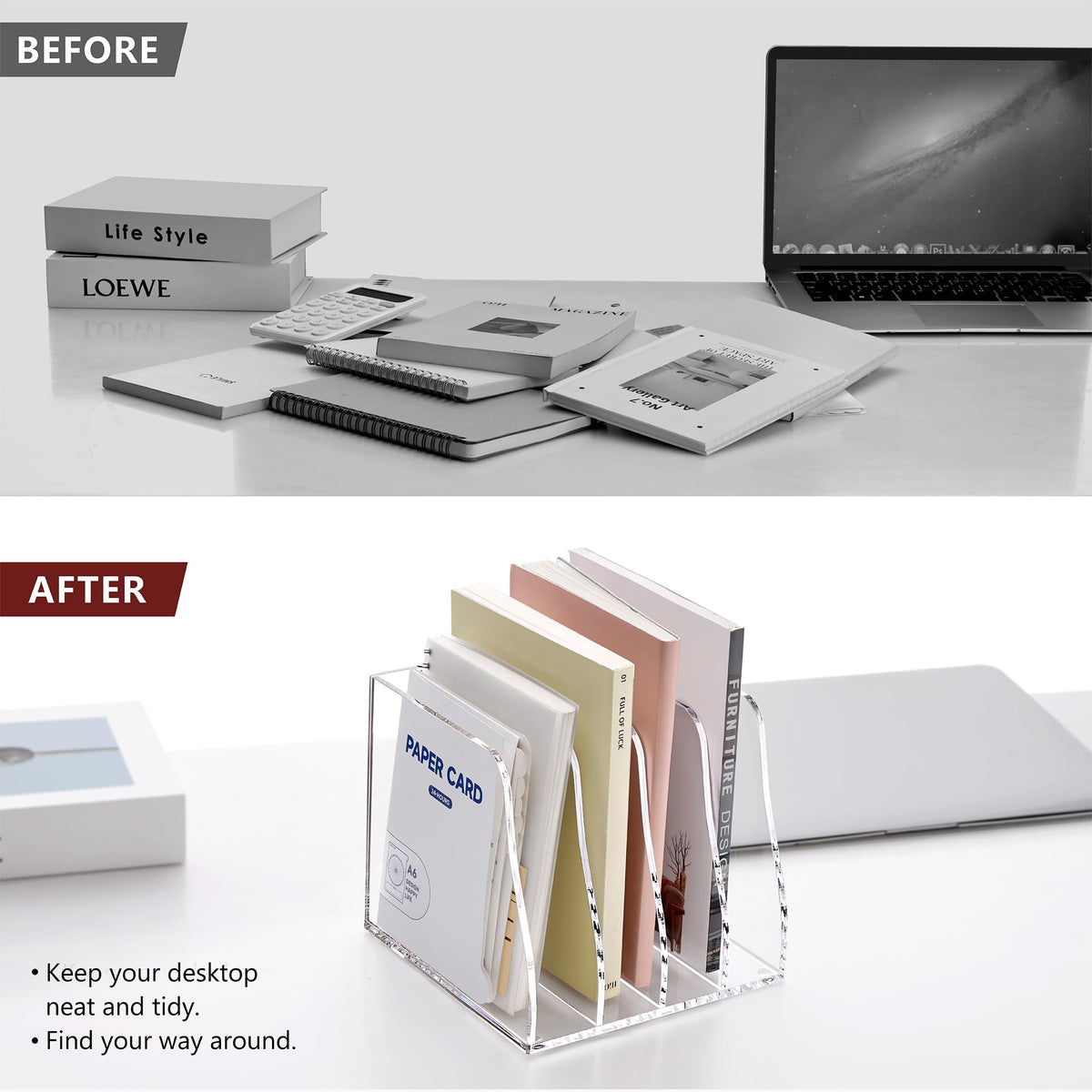 YUXUN Clear Acrylic File Folder Holder - 4 Vertical Compartments Desk Document Sorter, Upright Magazine Rack for Office/Home/Classroom, Stores Documents, Tablets, Magazines, Books & Accessories