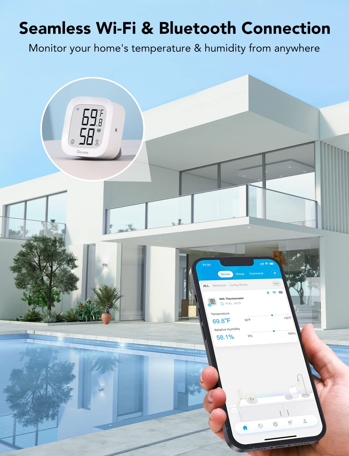 Govee WiFi Thermometer Hygrometer H5103, Indoor Bluetooth Temperature Humidity Sensor with Electronic Ink Display, App Notification Alert, Free Data Storage Export, Digital Remote Monitor for Bedroom