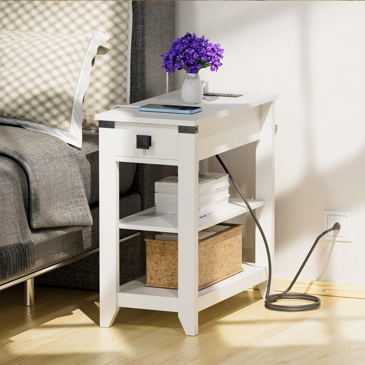 HOSEOKA Narrow End Table with Charging Station, Side Table with USB Ports and Outlets, Nightstand for Small Spaces, Slim Sofa Side Table with Storage Drawer for Living Room, Bedroom, White