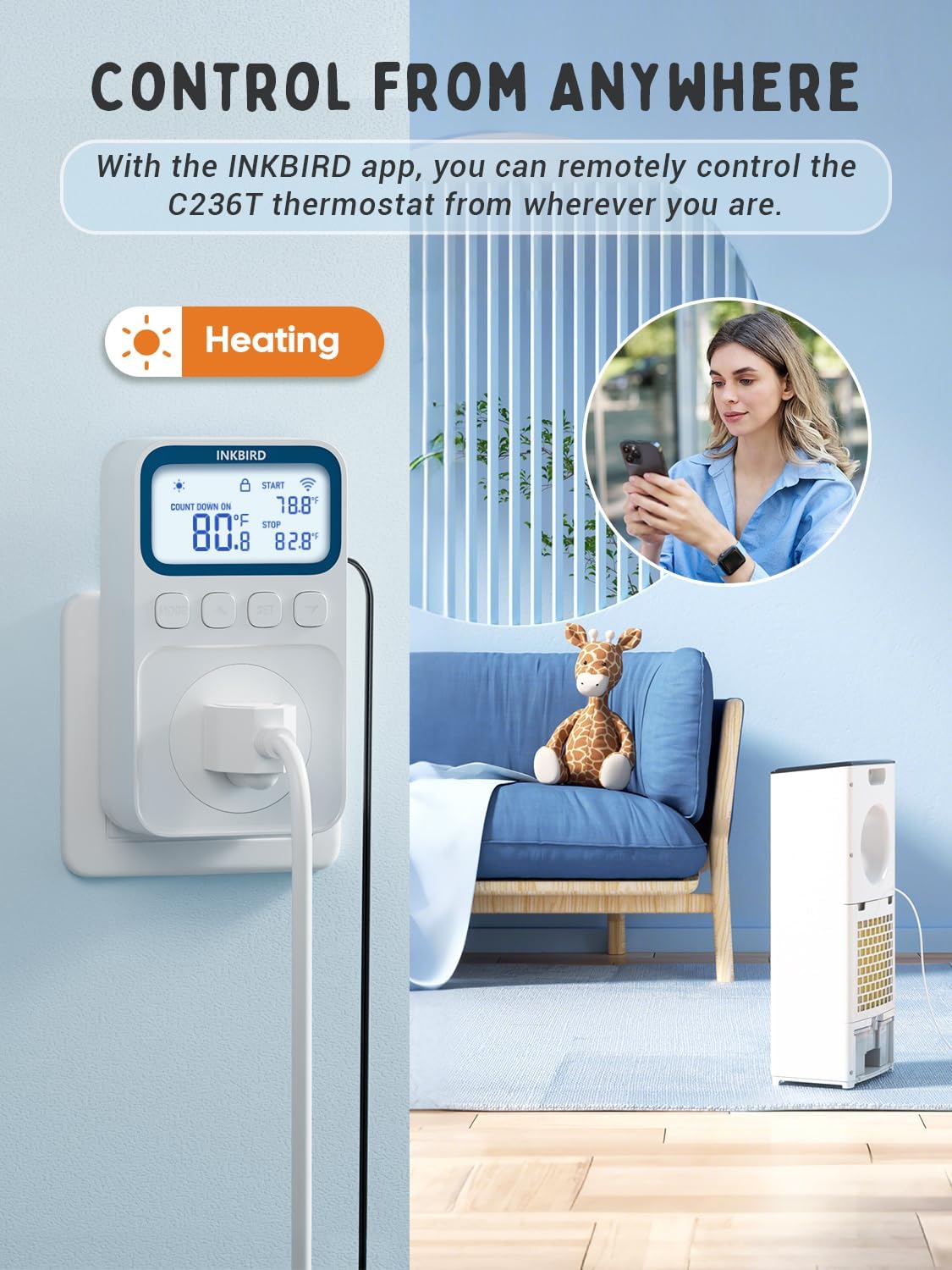INKBIRD Plug in Thermostat WiFi 1800W 15A Heating Cooling Timer Countdown Mode
