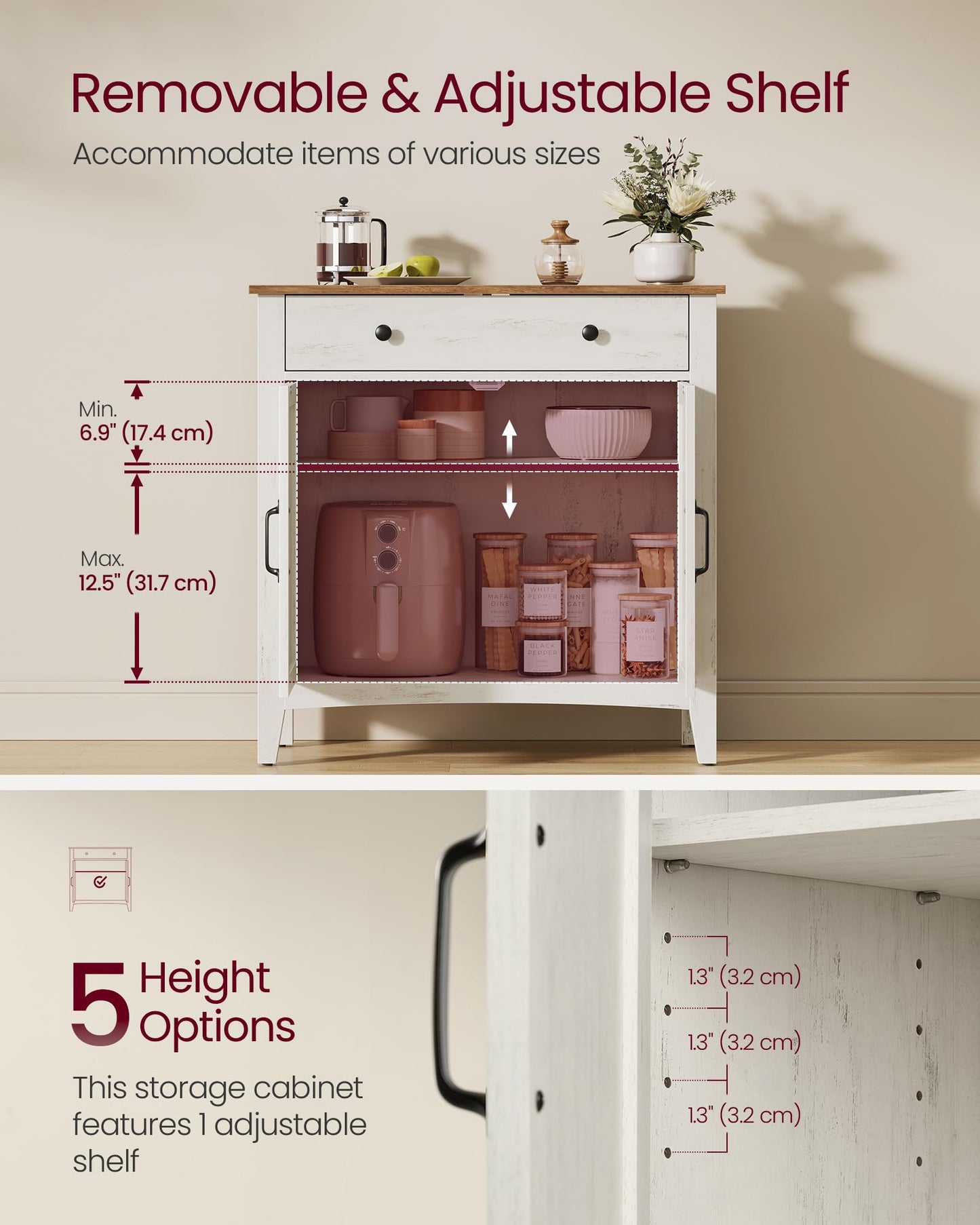 VASAGLE LIRY Collection - Buffet Cabinet, Coffee Bar Cabinet with a Drawer, Adjustable Shelf, Sideboard Storage with Cable Hole, Drawer Divider, Rustic White and Honey Brown UBBK341W01
