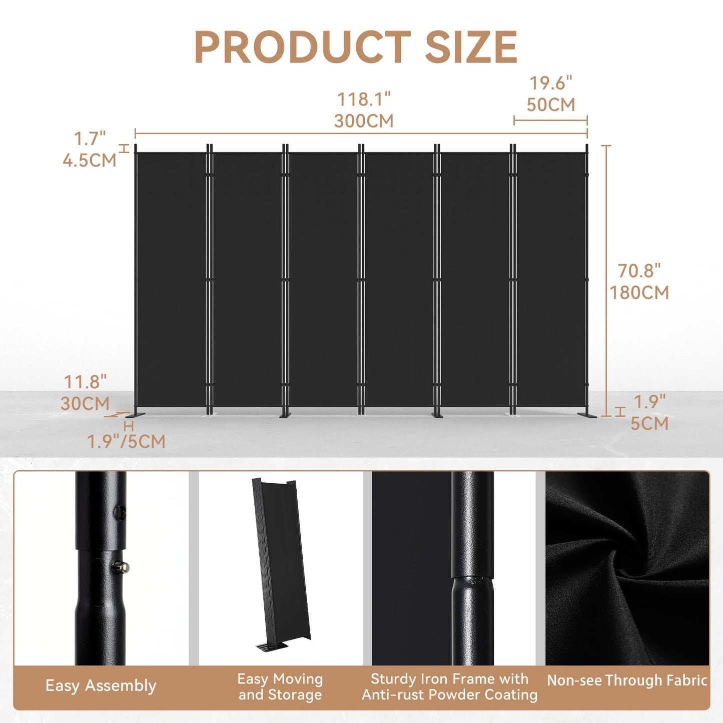 C-Hopetree 6 Panels Room Divider, 6 Ft Tall Indoor Folding Privacy Screen, Portable Partition Separator, Freestanding Separation Temporary Wall for Office, Bedroom, 120" W X 71" H, Black