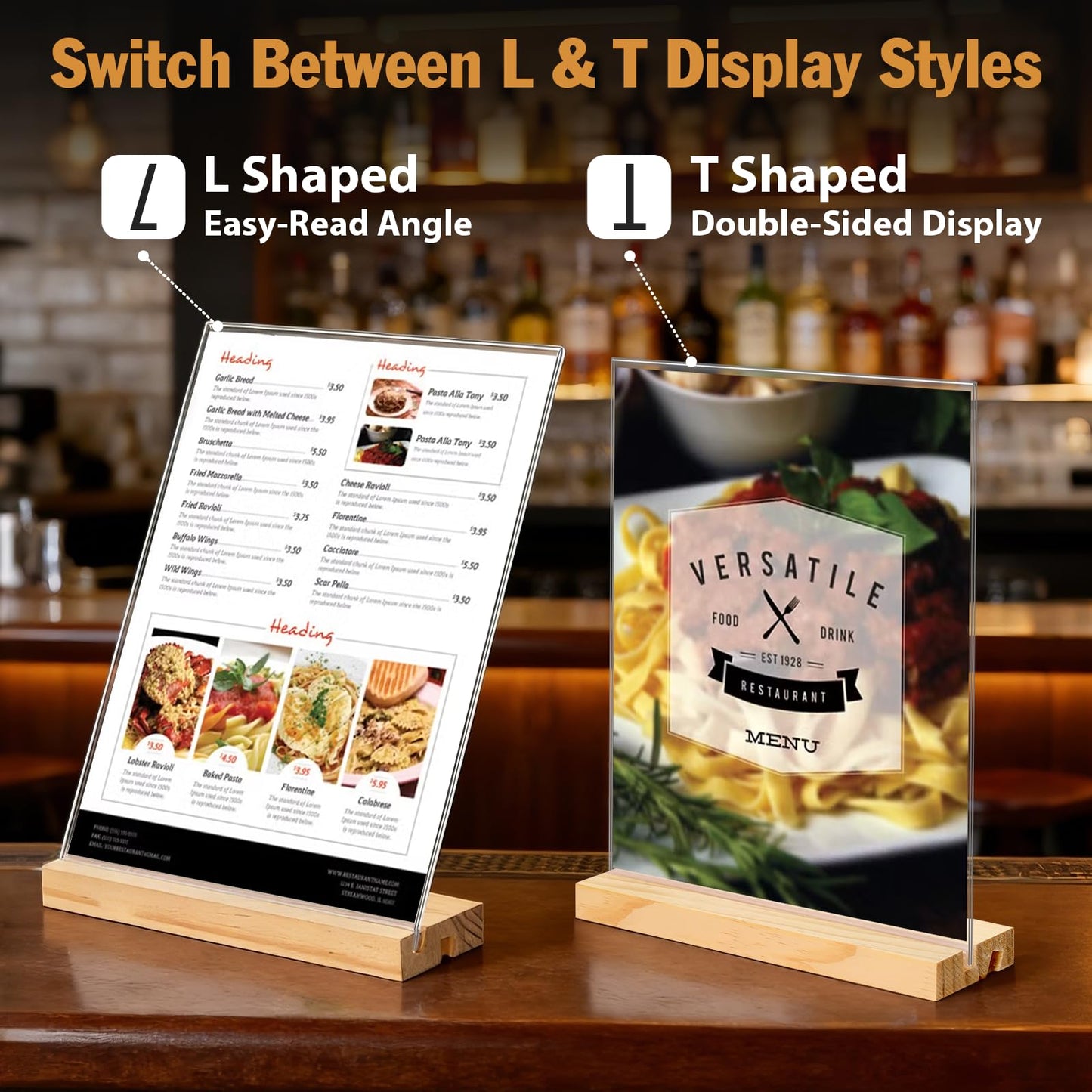 xydstay 6pack 8.5x11 Acrylic Sign Holder with Wood Base for Picture Frames,L/T Shape Double Slot Design for Vertical or Slant Back Display, for Restaurant, Office, School, Store and Home Use
