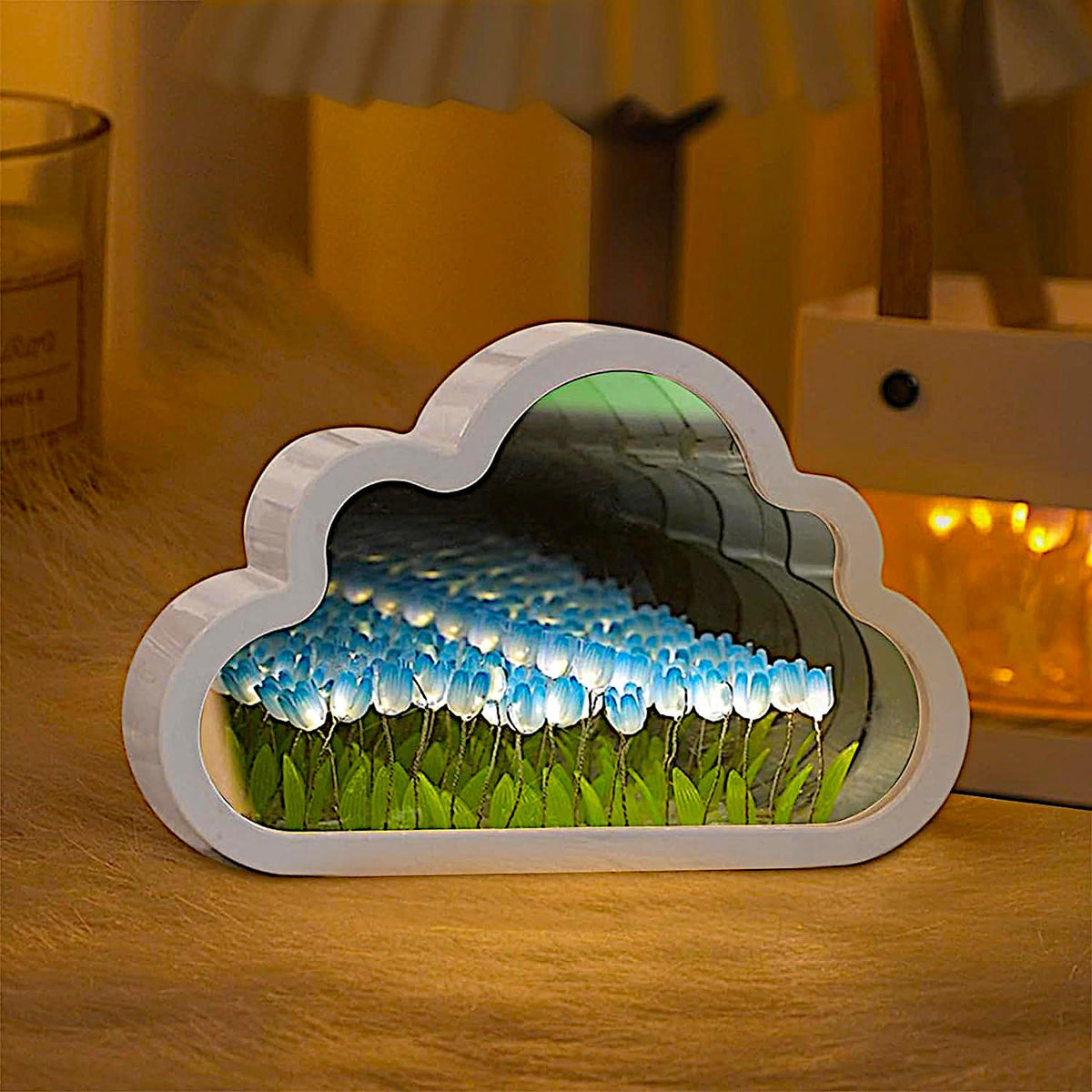 ALYMACK Handmade Tulip Lamp Fully Assembled - Flower Night Light Cuteness Lamps - Tulip and Rose Infinity Mirror in a Glass - Gift for Women or Girl - Lampara de Tulipanes Infinitos (Blue, AA)